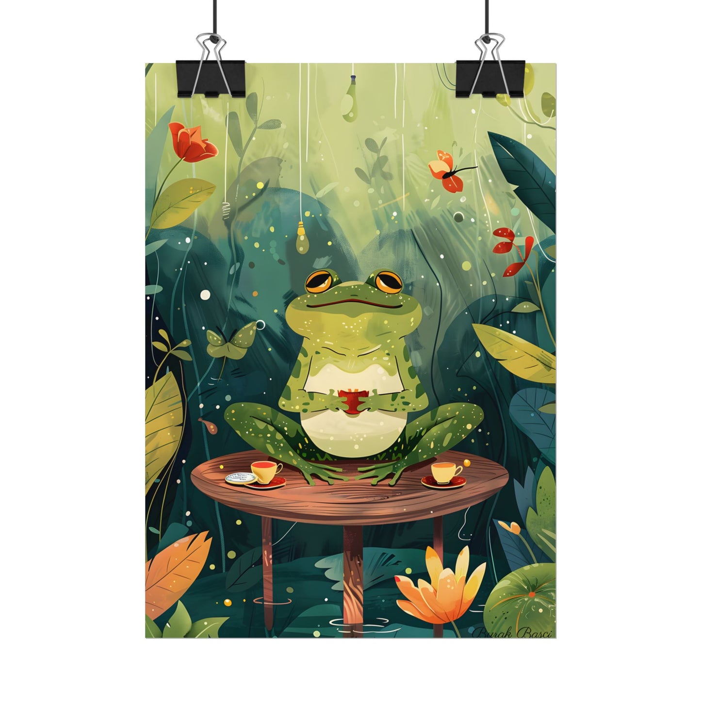 Whimsical Frog on Water: Playful Lily Pad Illustration - Poster