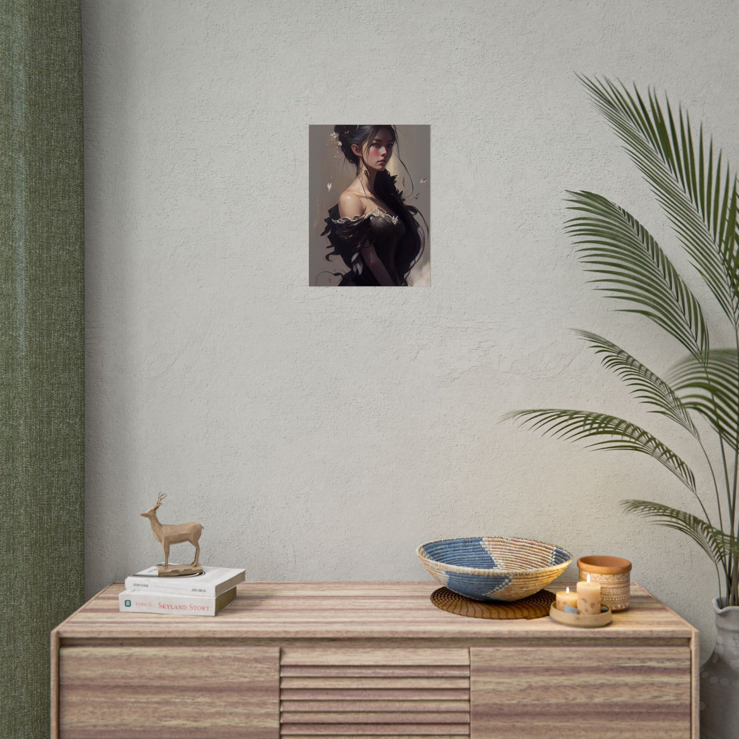 Elegant Black Hair Portrait: Beautiful Female in Dress Art - Poster