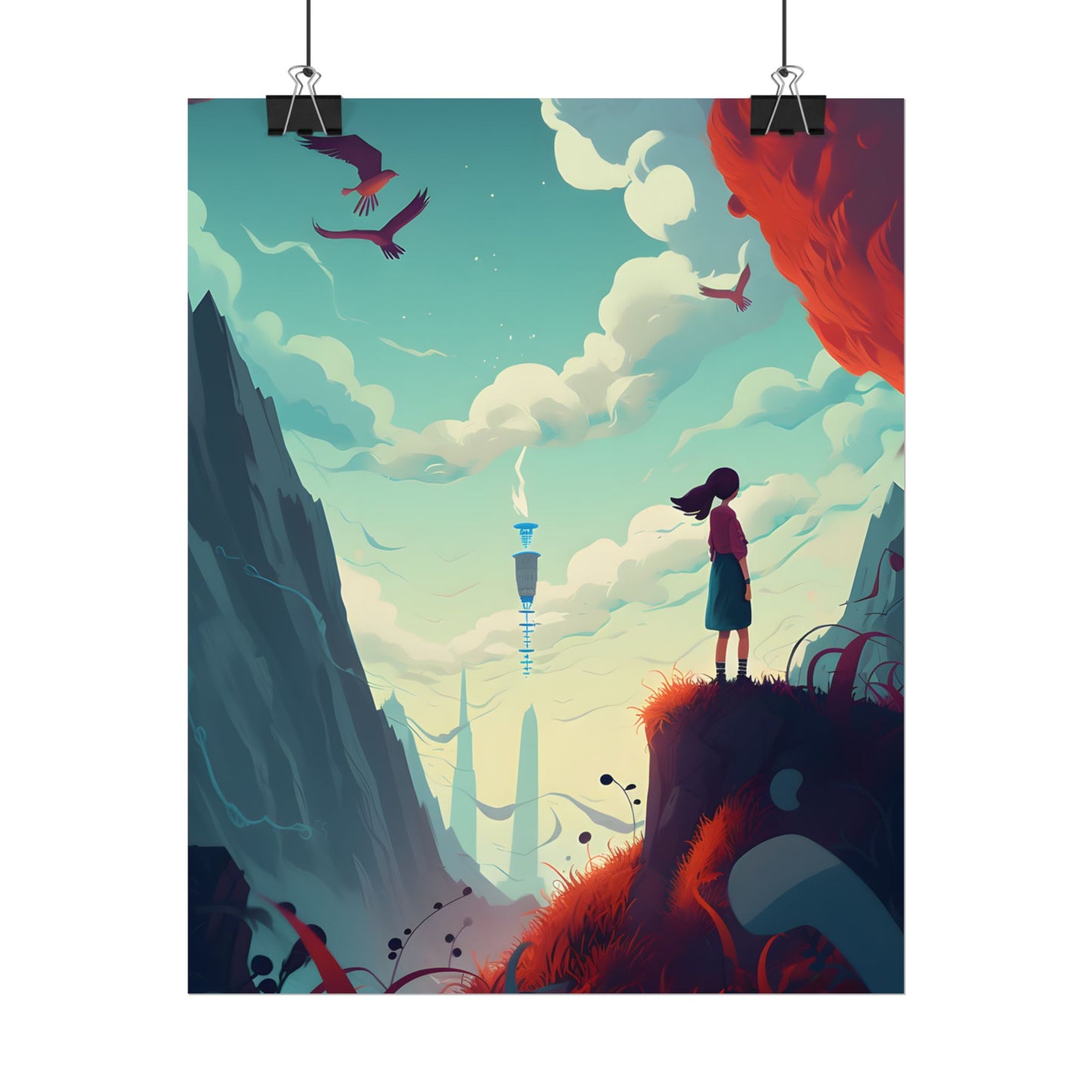 Cloudy Meadow: Boy and Girl in Serene Nature Scene - Poster