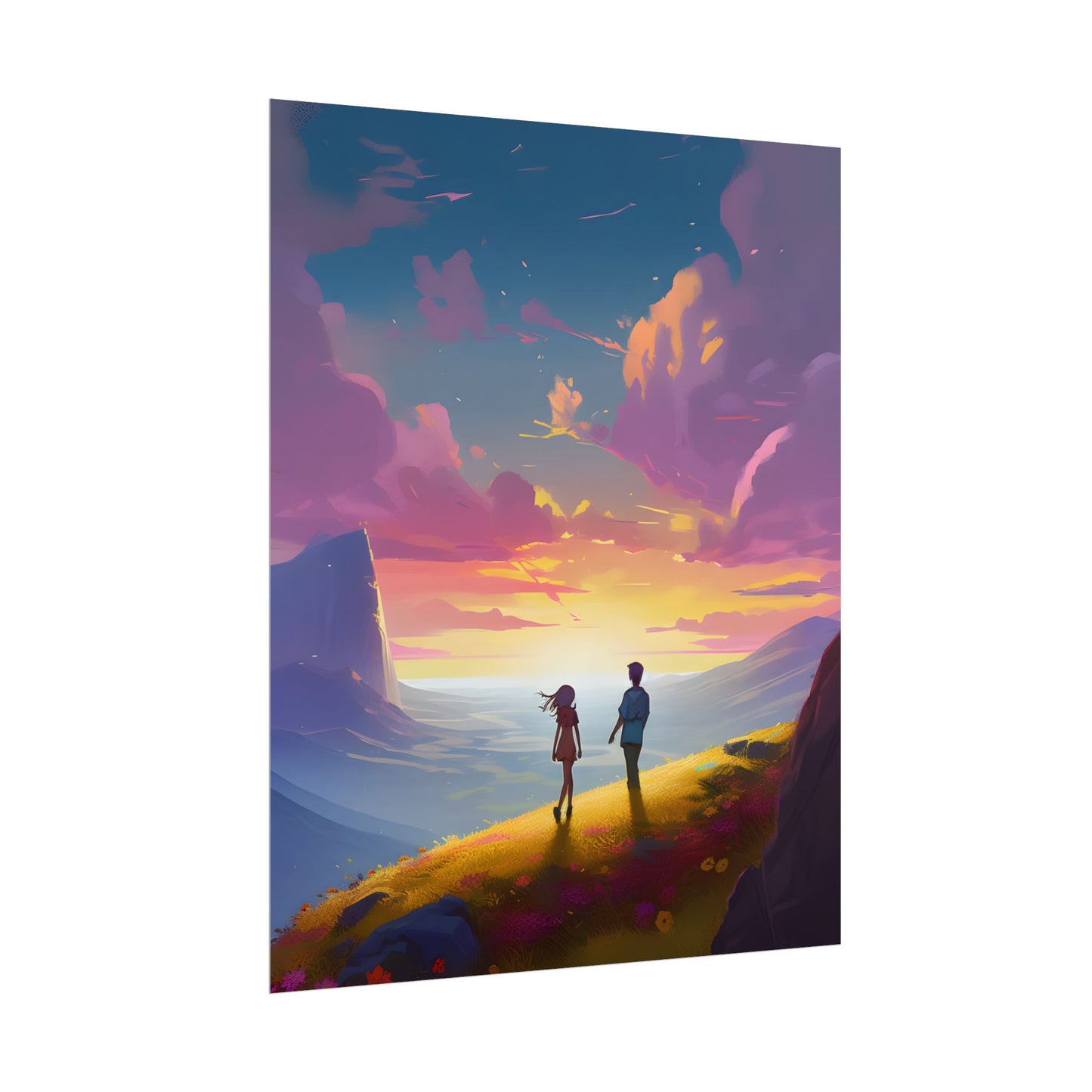 Young Love in a Cloudy Meadow: A Heartwarming Artwork - Poster