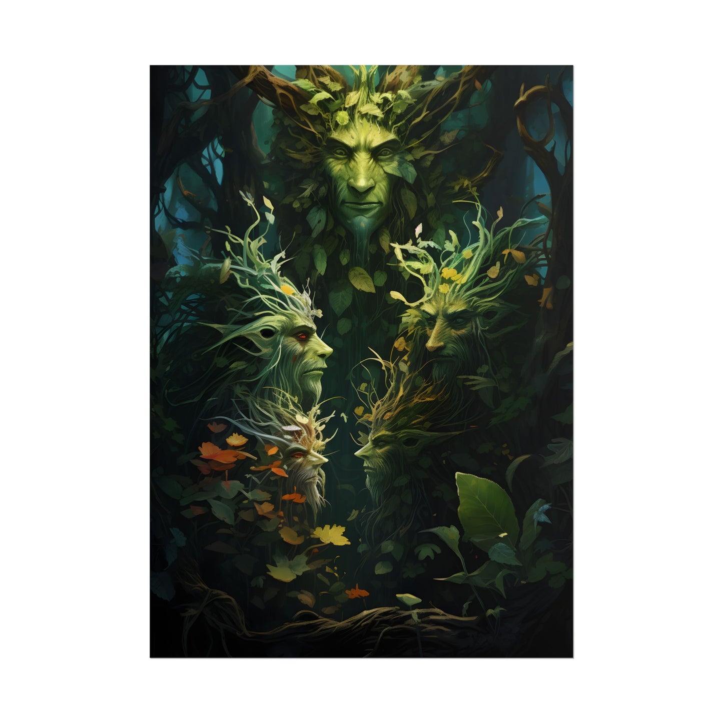 Mystical Forest Guardians: Ancient Tree Spirits in Serene Nature - Poster
