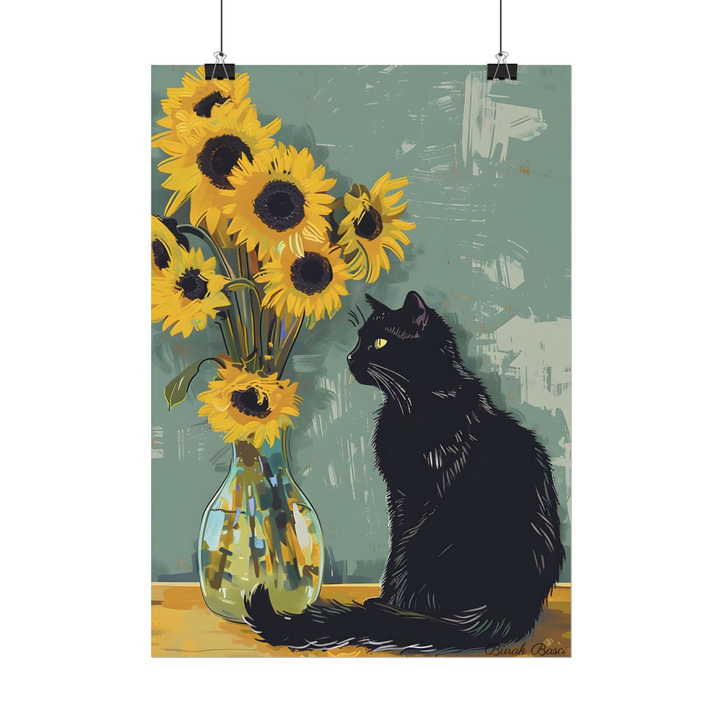 Whispers in the Sun: A Black Cat's Serene Moment with Sunflowers - Poster