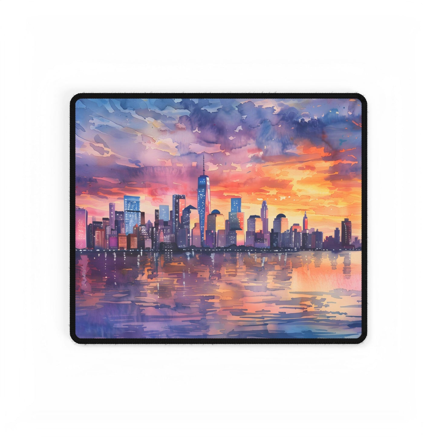 Serene NYC Sunset: Watercolor Skyline Reflections - Desk Mat