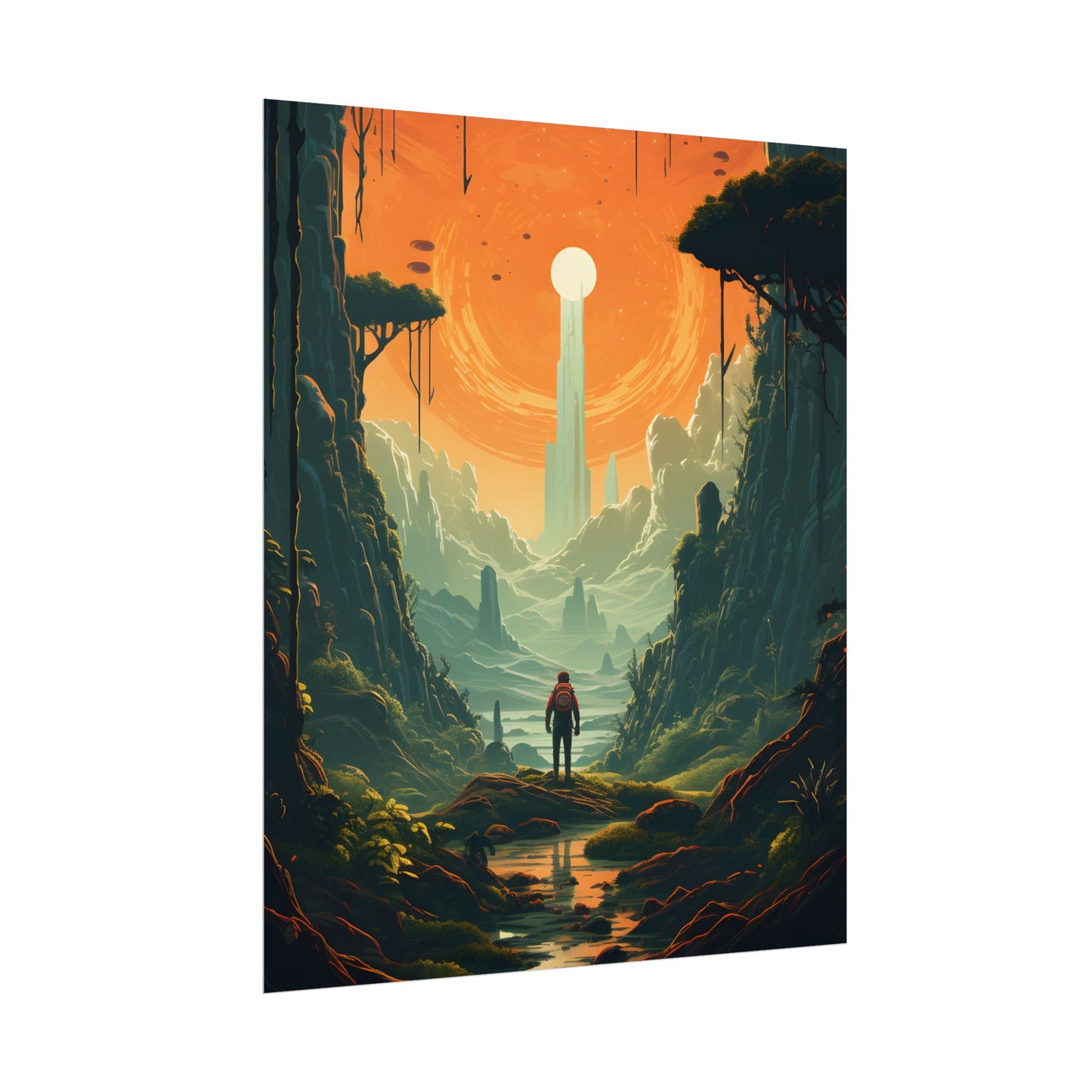 Futuristic Wilderness Explorer: Solo Discovery in Sci-Fi Terrain - Poster