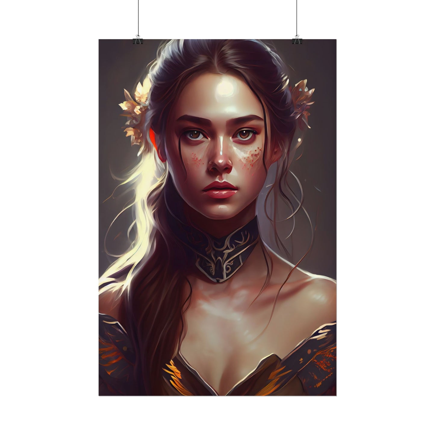 Stunning Female Portrait: Brown Hair Artwork in a Dramatic Style - Poster