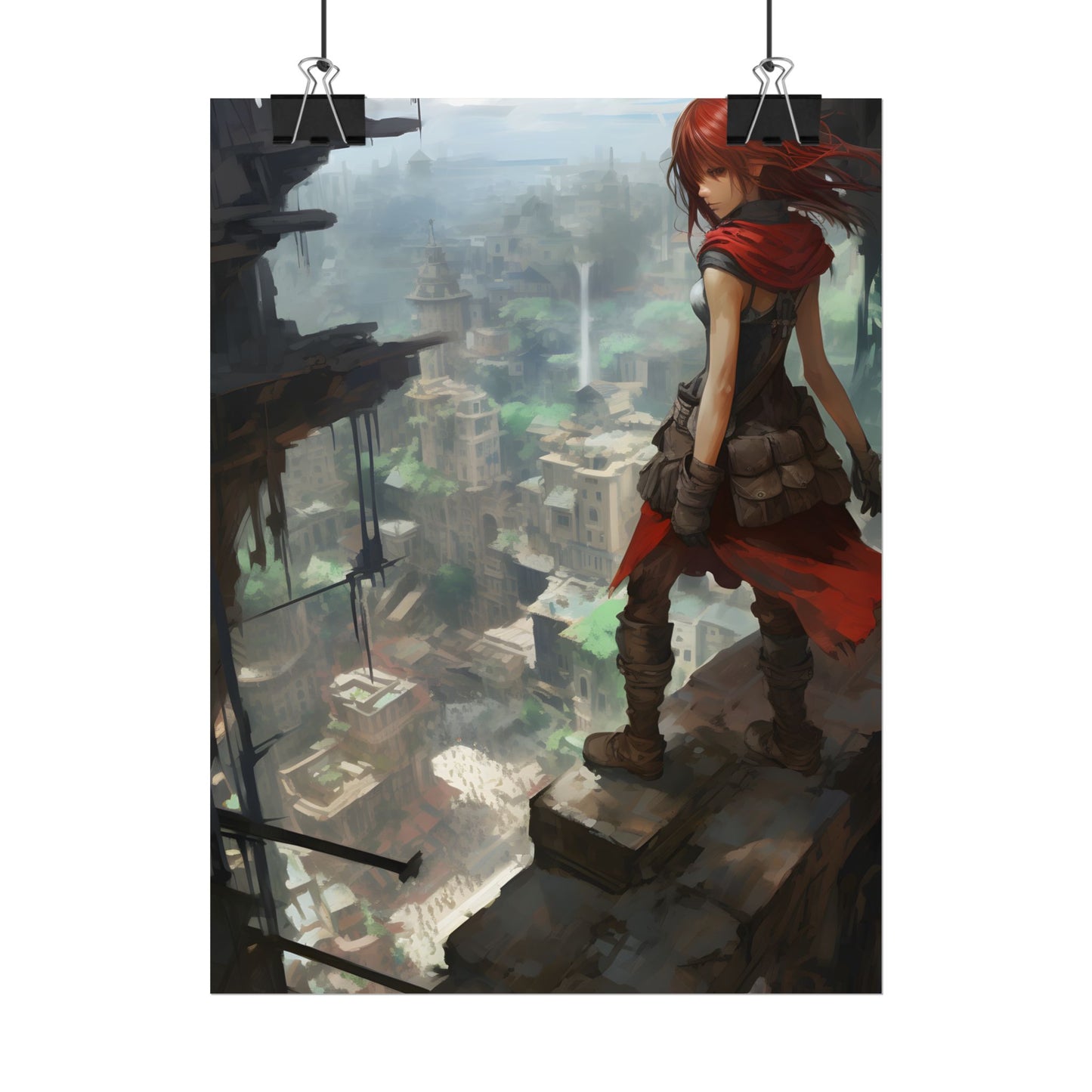 Dramatic Anime Bird's Eye View: Red Haired Heroine in Flight - Poster
