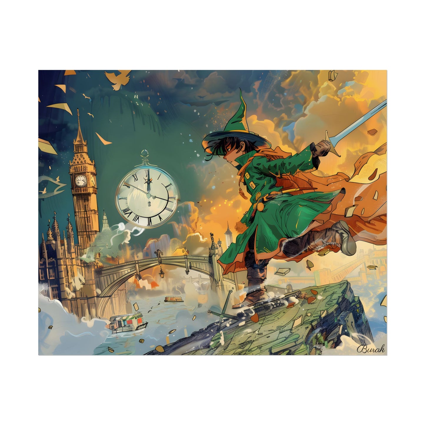 Whimsical Green Tunic Boy: Mischievous Illustration - Poster