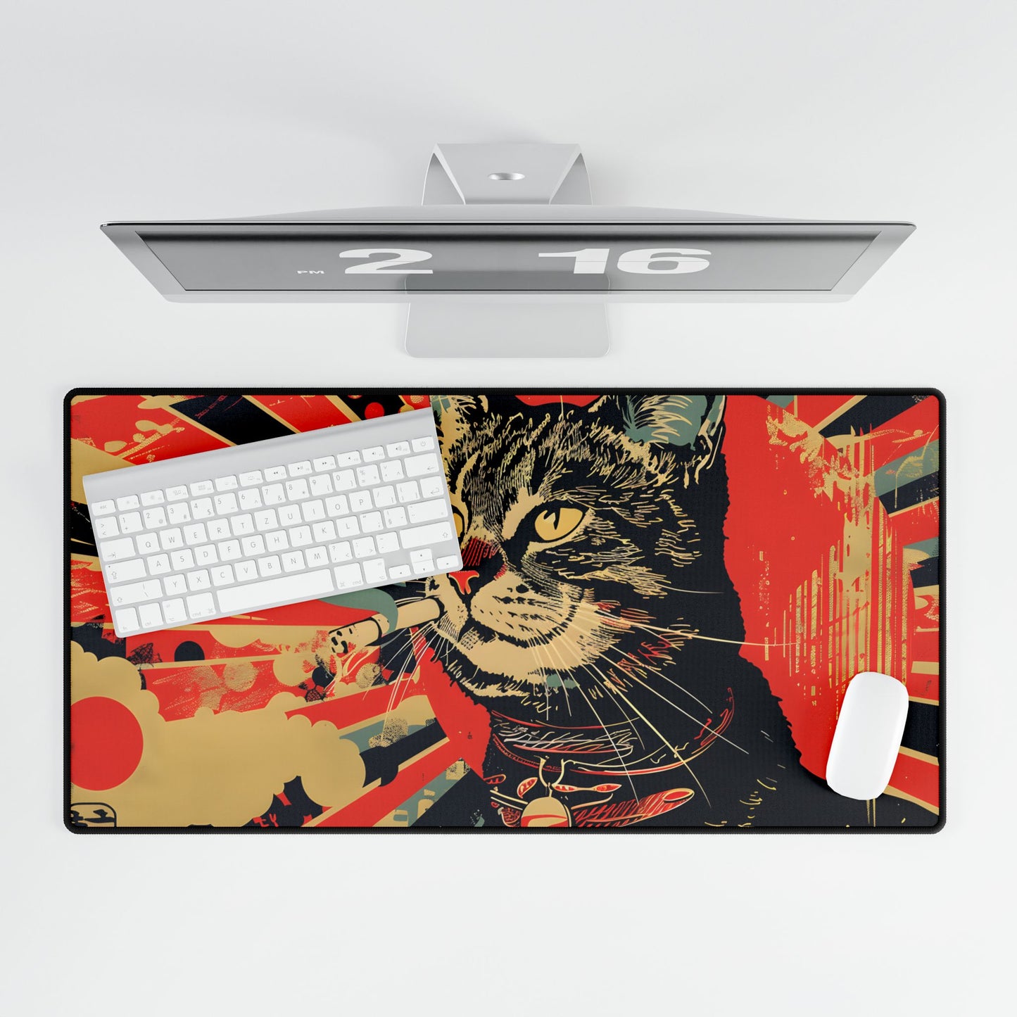 Whimsical Urban Wildlife: Cat Art in a Bolstered Setting - Desk Mat