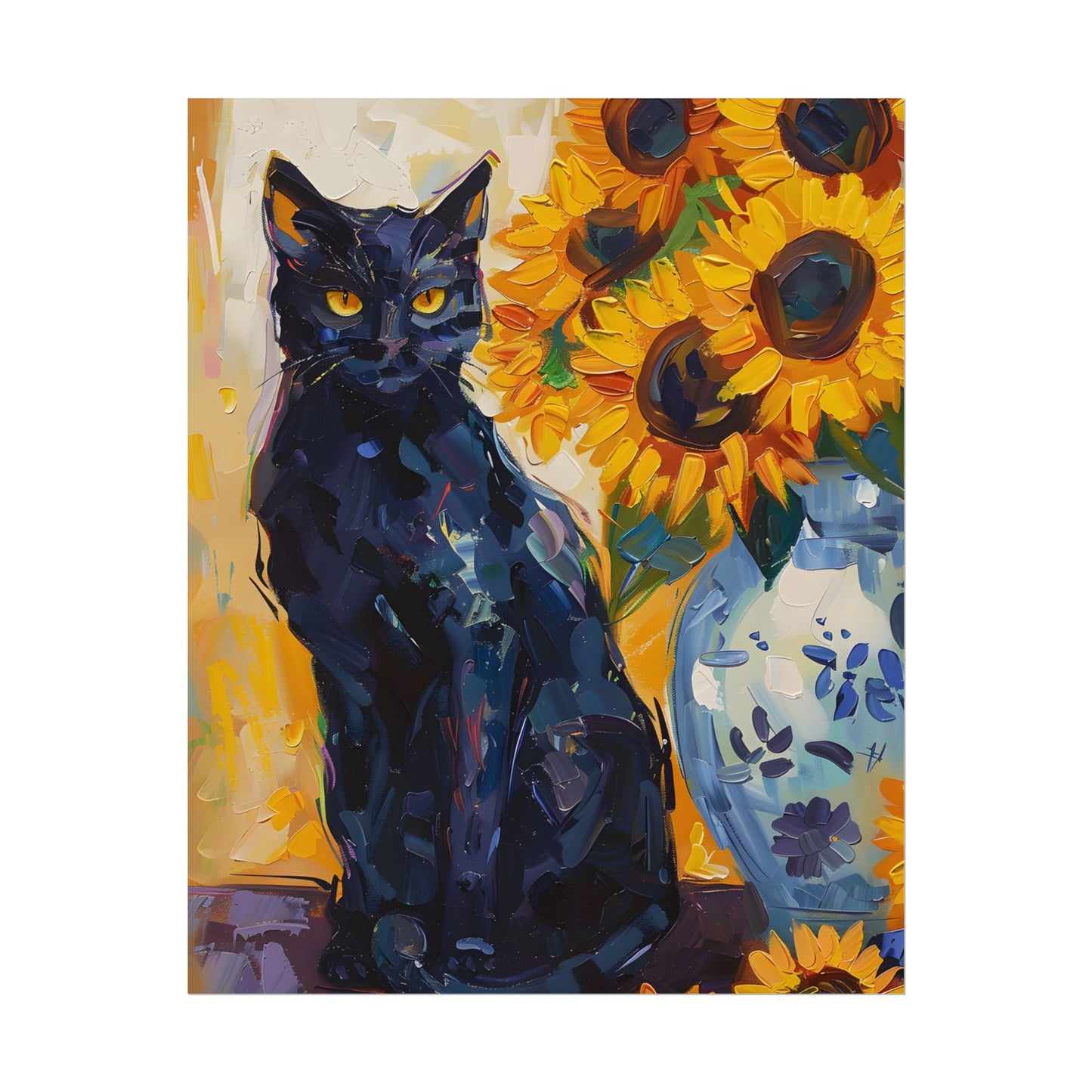 Whiskers by Sunshine: Black Cat in a Blooming Garden - Poster