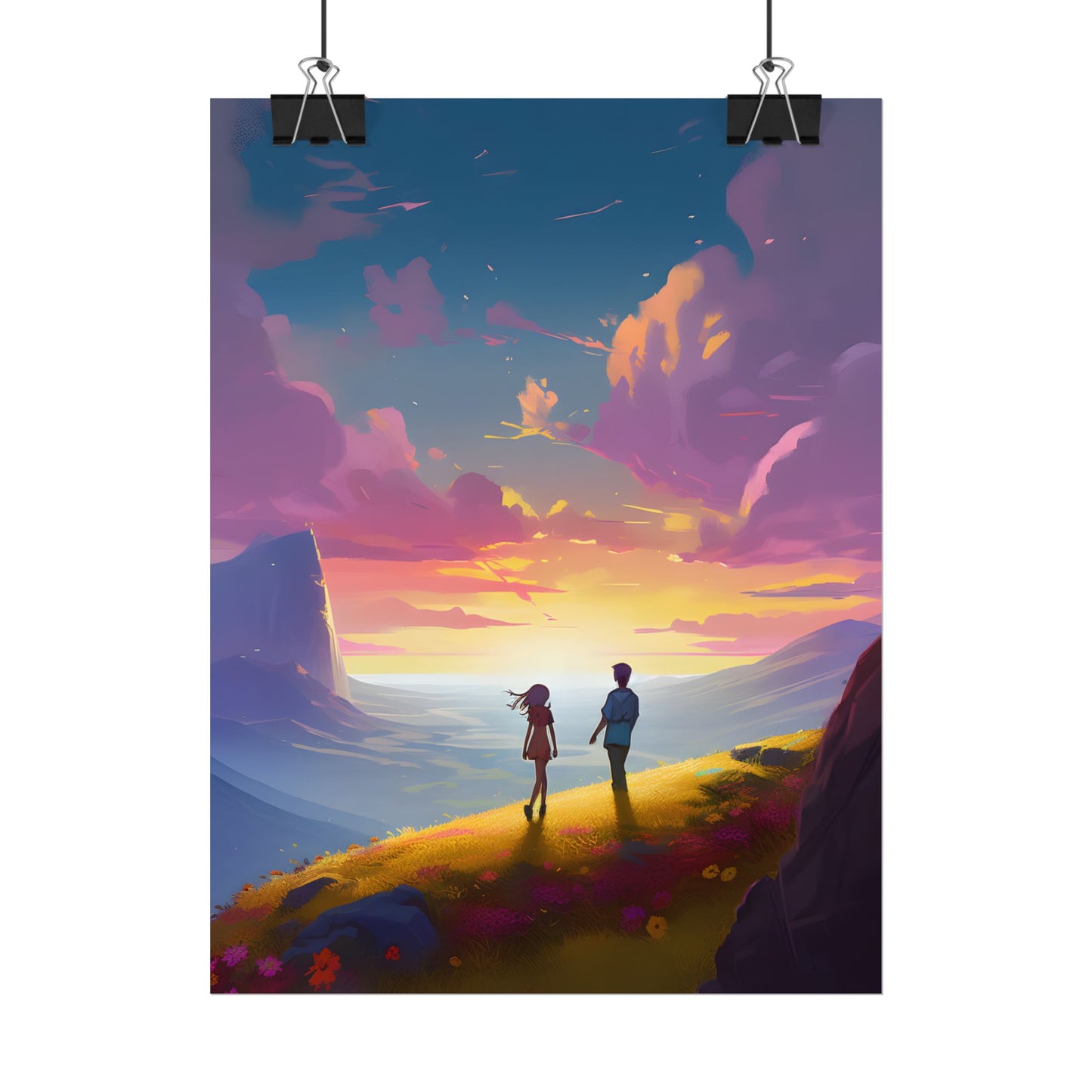 Young Love in a Cloudy Meadow: A Heartwarming Artwork - Poster