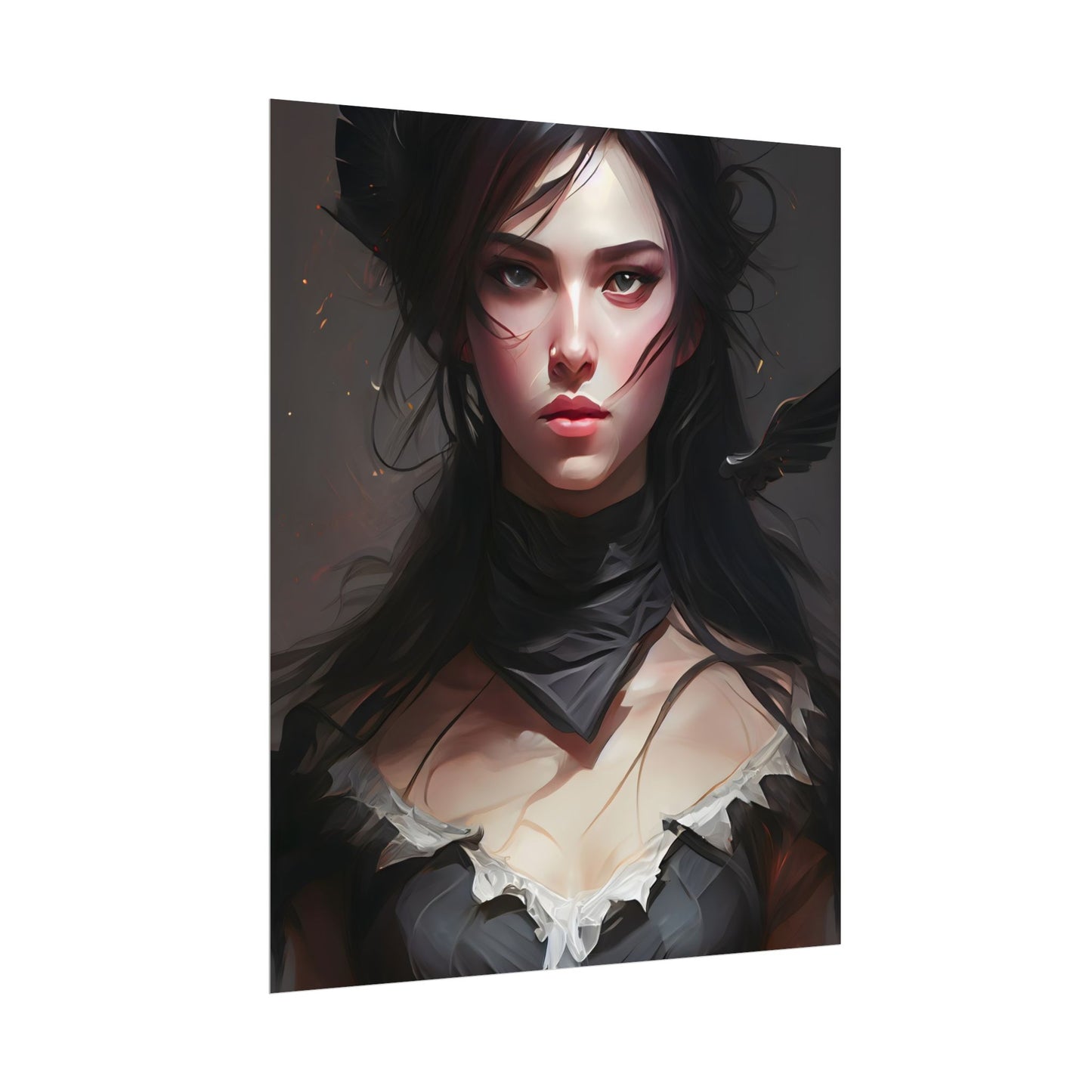 Female Portrait: Black Hair Artwork in Dark Background - Poster