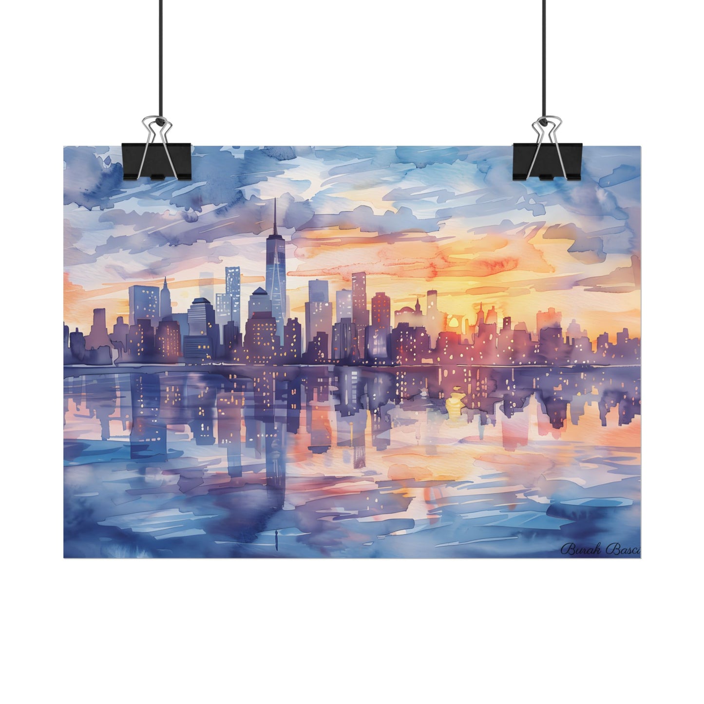 Watercolor New York City Sunset Skyline: Artistic NYC View - Poster