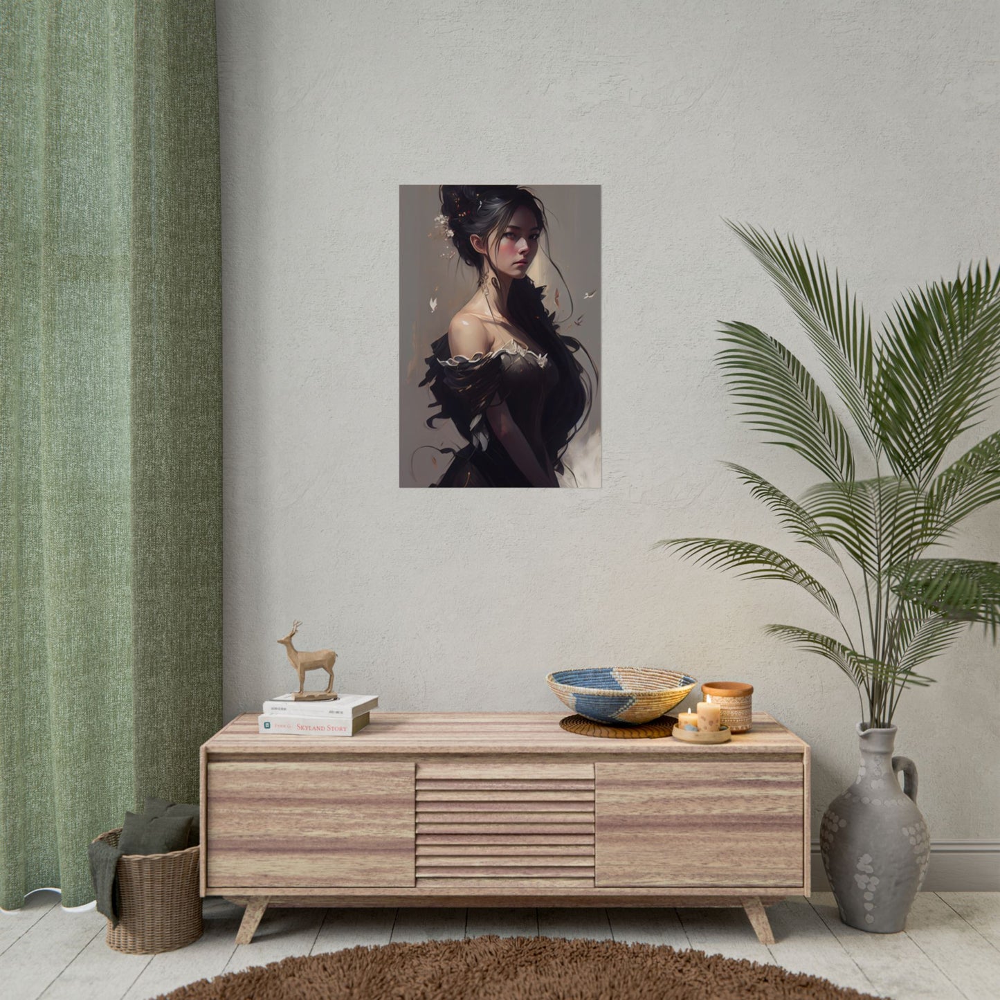 Elegant Black Hair Portrait: Beautiful Female in Dress Art - Poster