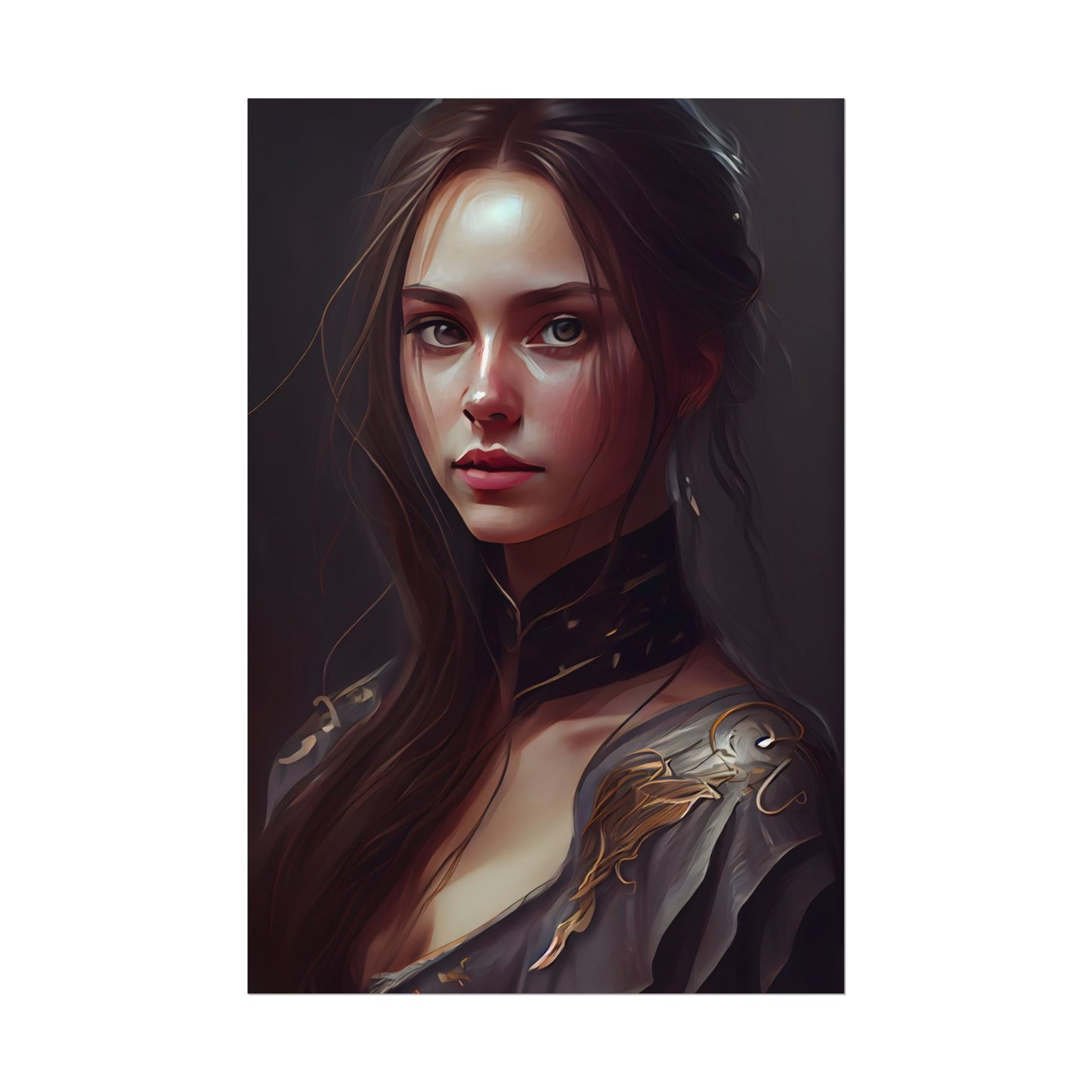 Elegant Indoor Portrait: Brown Hair Beauty - Poster