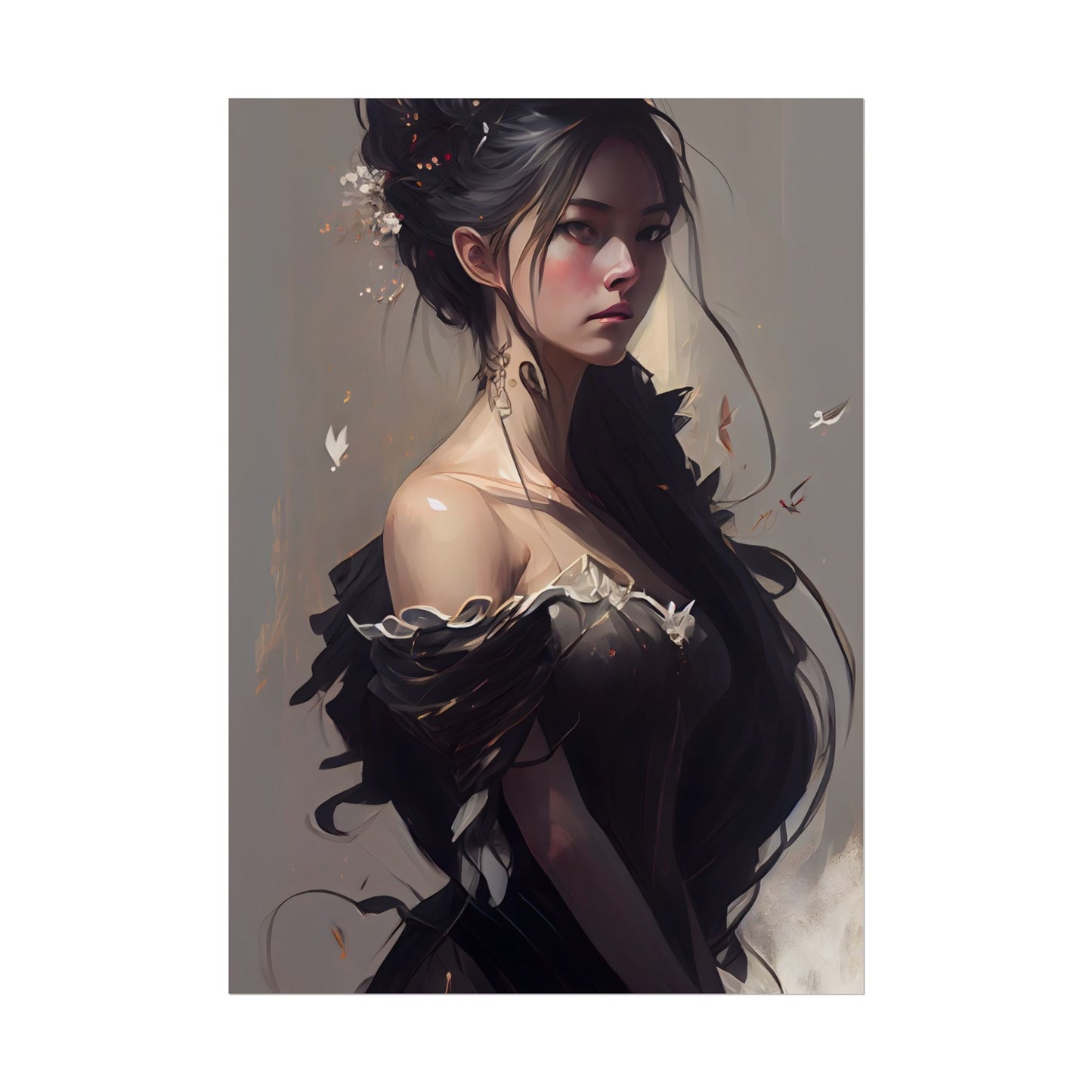 Elegant Black Hair Portrait: Beautiful Female in Dress Art - Poster
