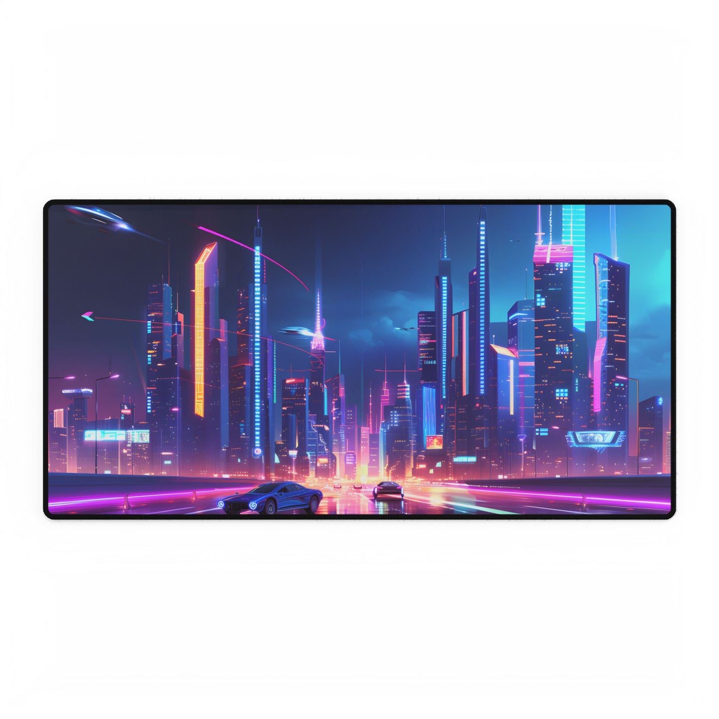 Futuristic City Glow: Neon Lights Digital Art - Desk Mat