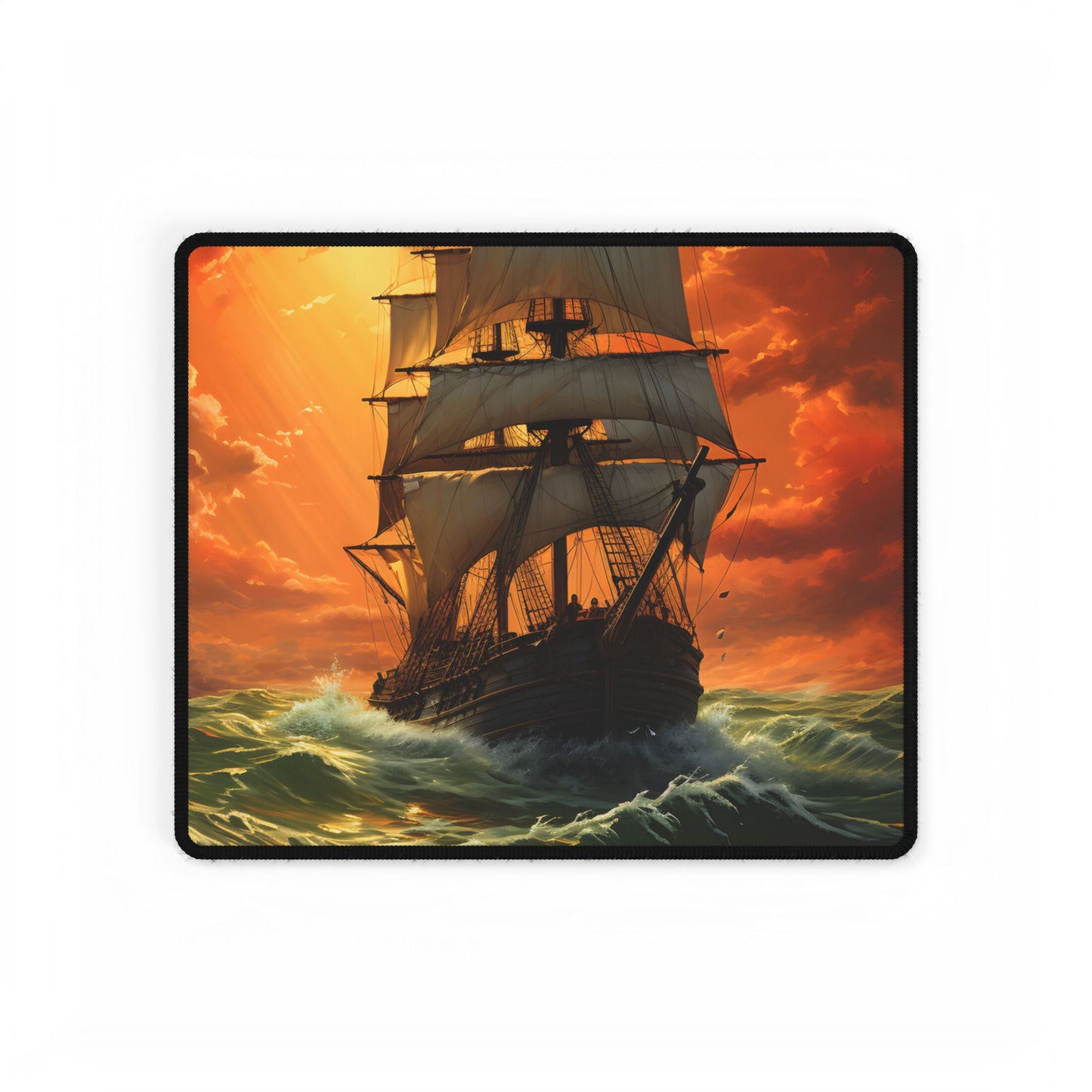 Nature's Serenity: Realistic Oil Painting of a Green Ship - Desk Mat