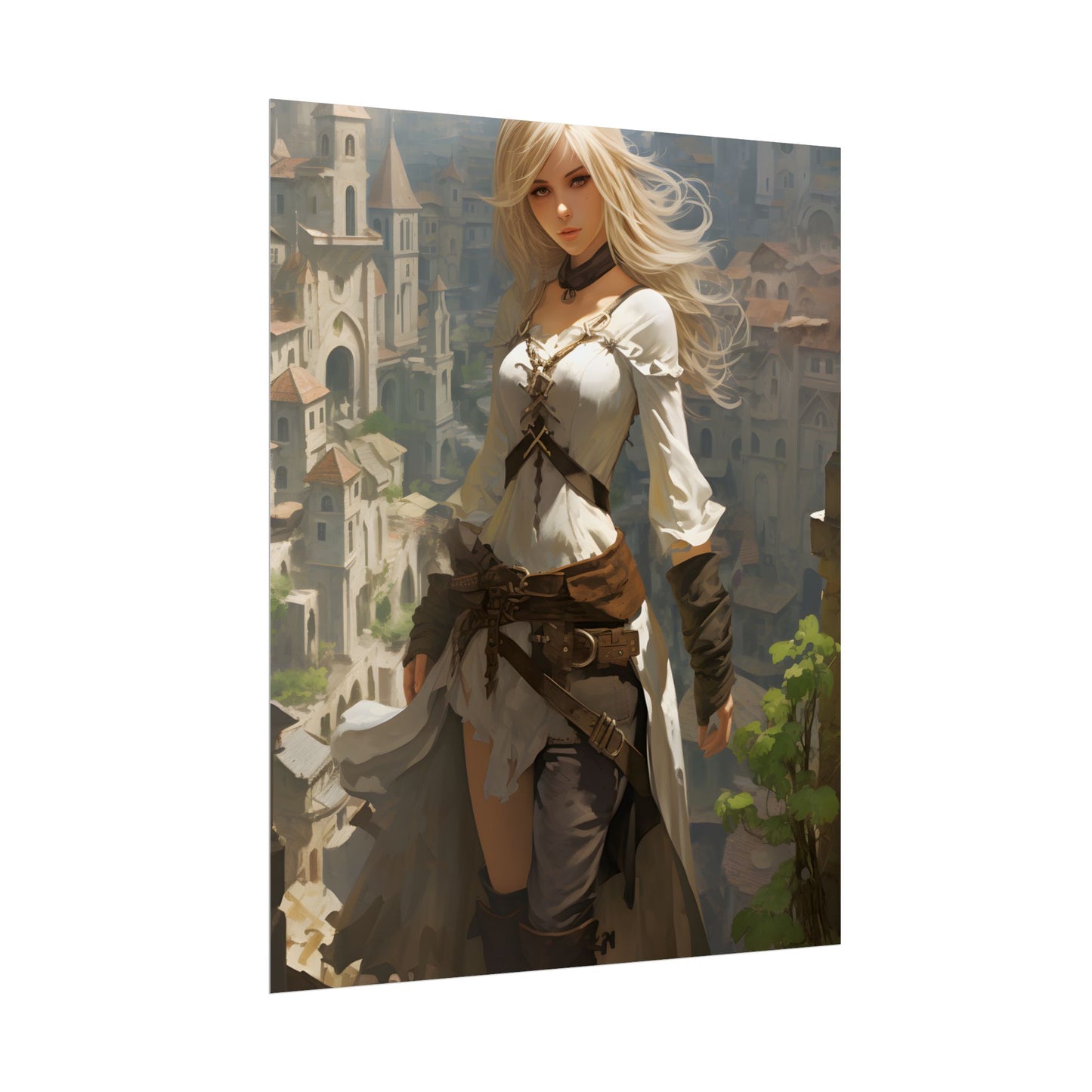 Anime Bird's Eye View Portrait: Blonde Beauty in Motion - Poster