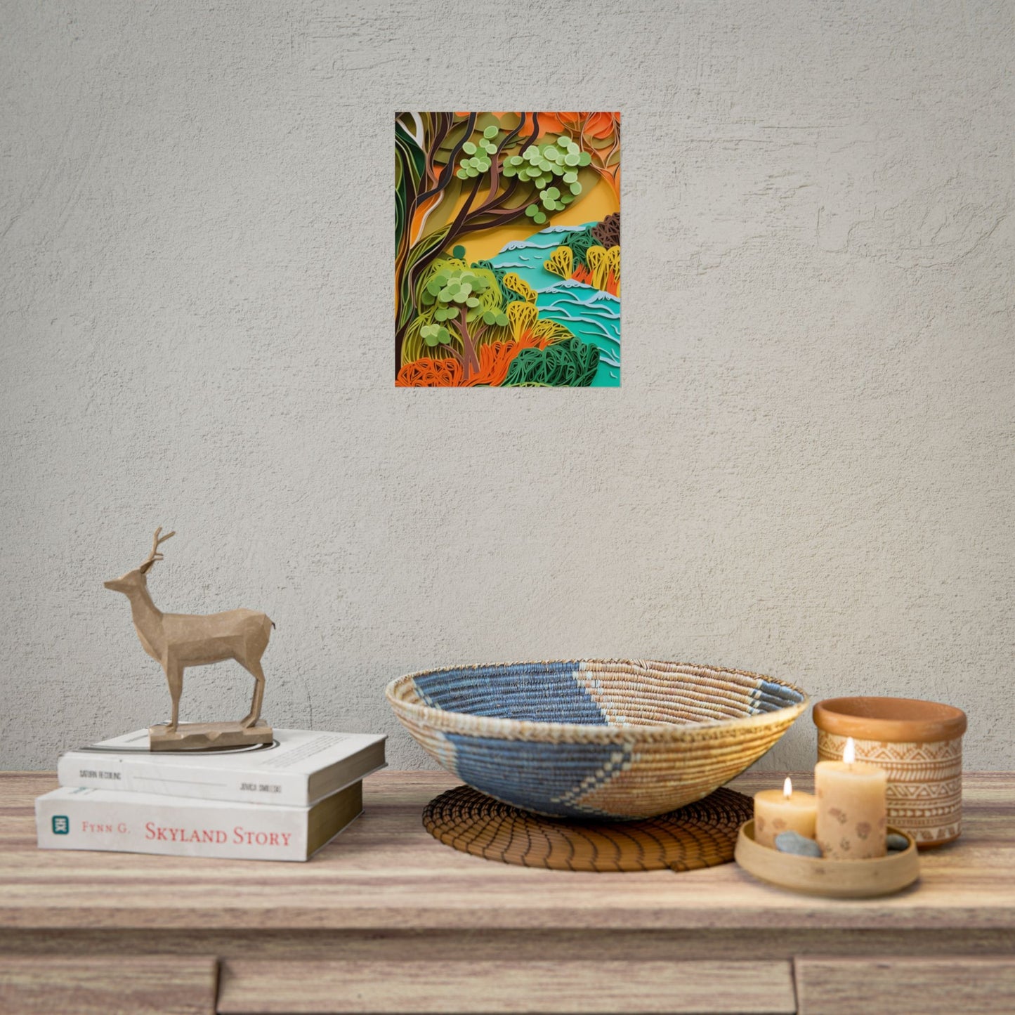 African Paper Quilled Landscape: Artwork in Brown and Green - Poster