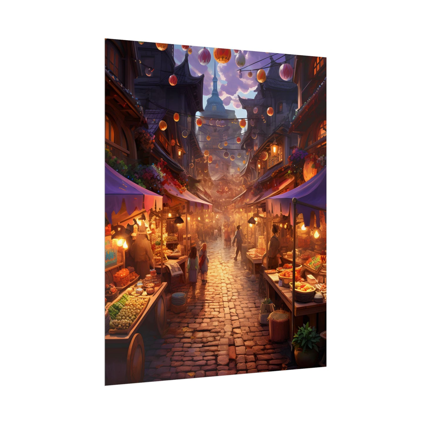Magical Street Food Market: Vibrant Enchanted Scene Art - Poster