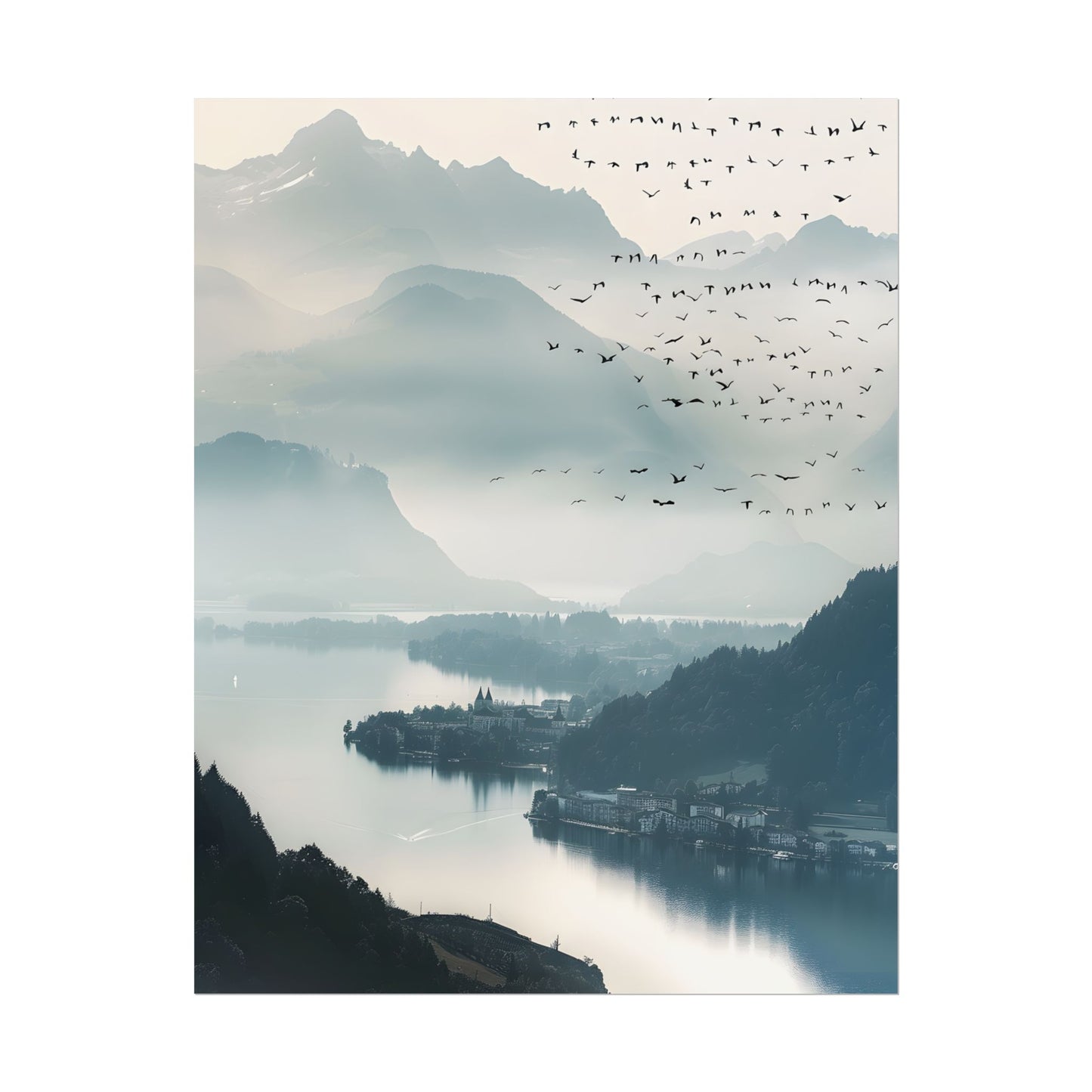 Serene Mountain Landscape: Bird's Eye View Art - Poster