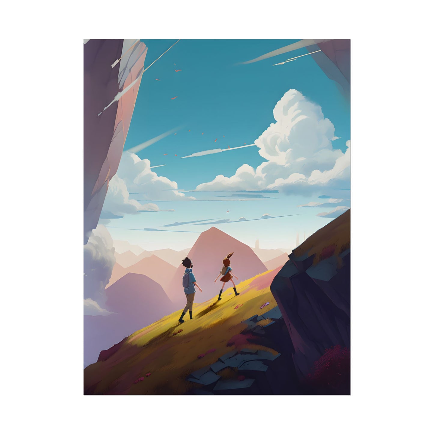 Young Boy and Girl on Cloudy Meadow: Outdoor Landscape Art - Poster