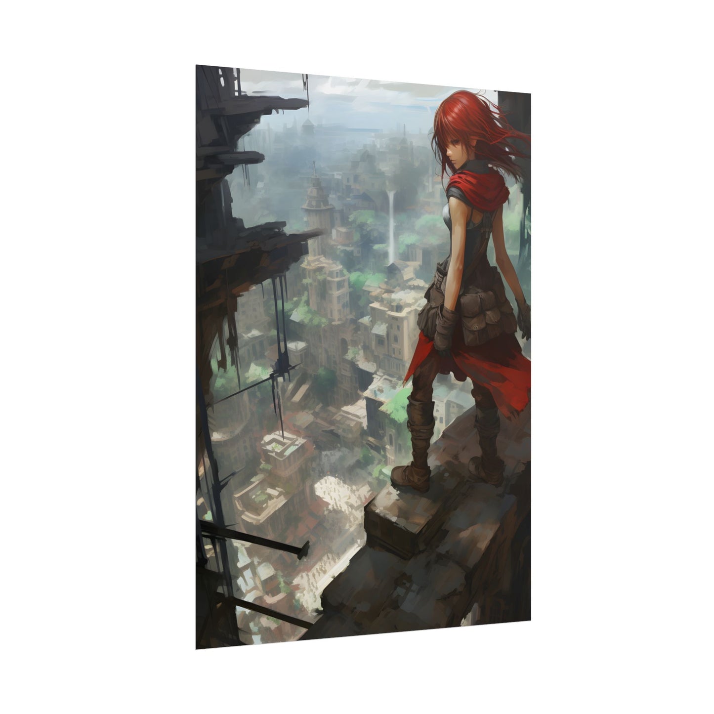 Dramatic Anime Bird's Eye View: Red Haired Heroine in Flight - Poster