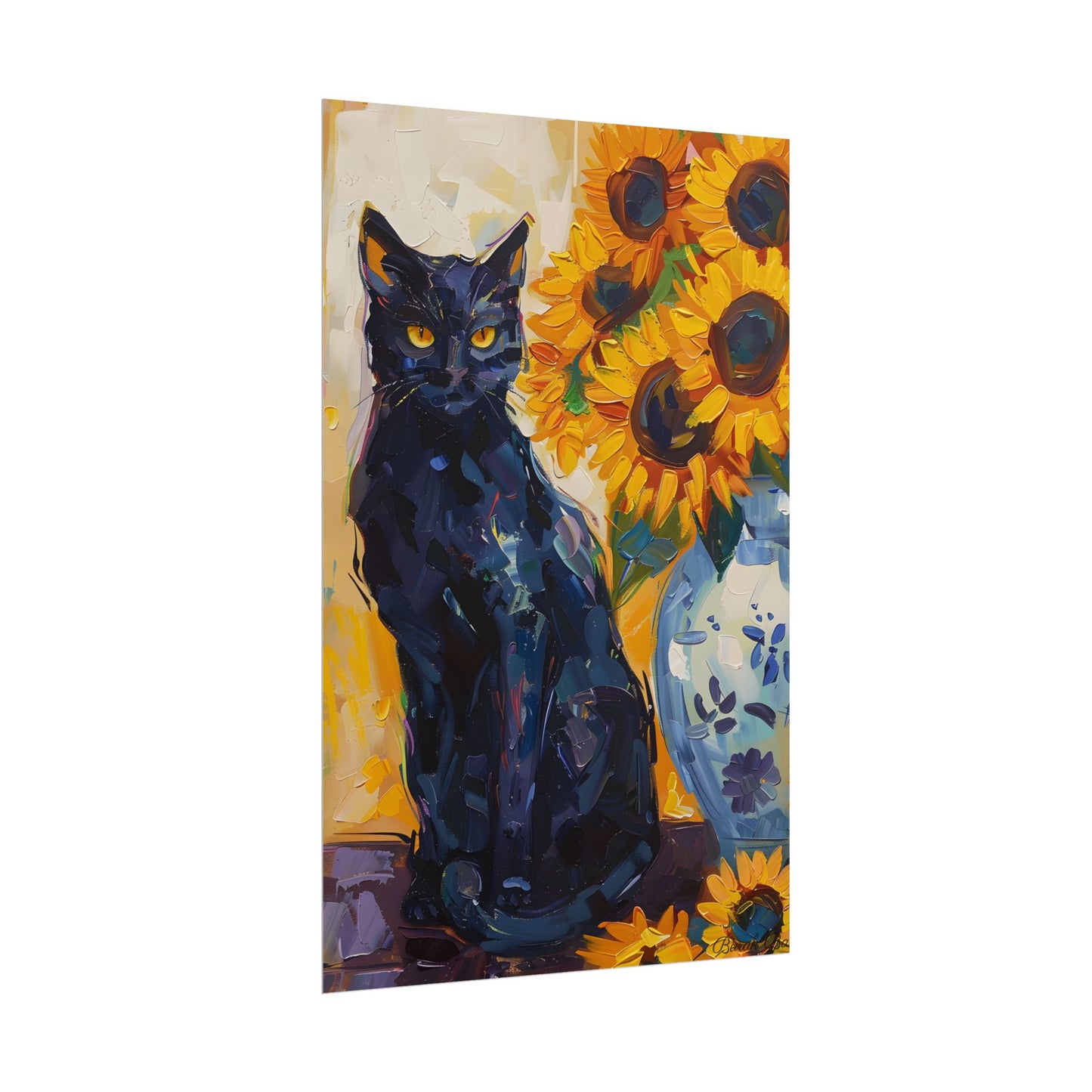 Whiskers by Sunshine: Black Cat in a Blooming Garden - Poster