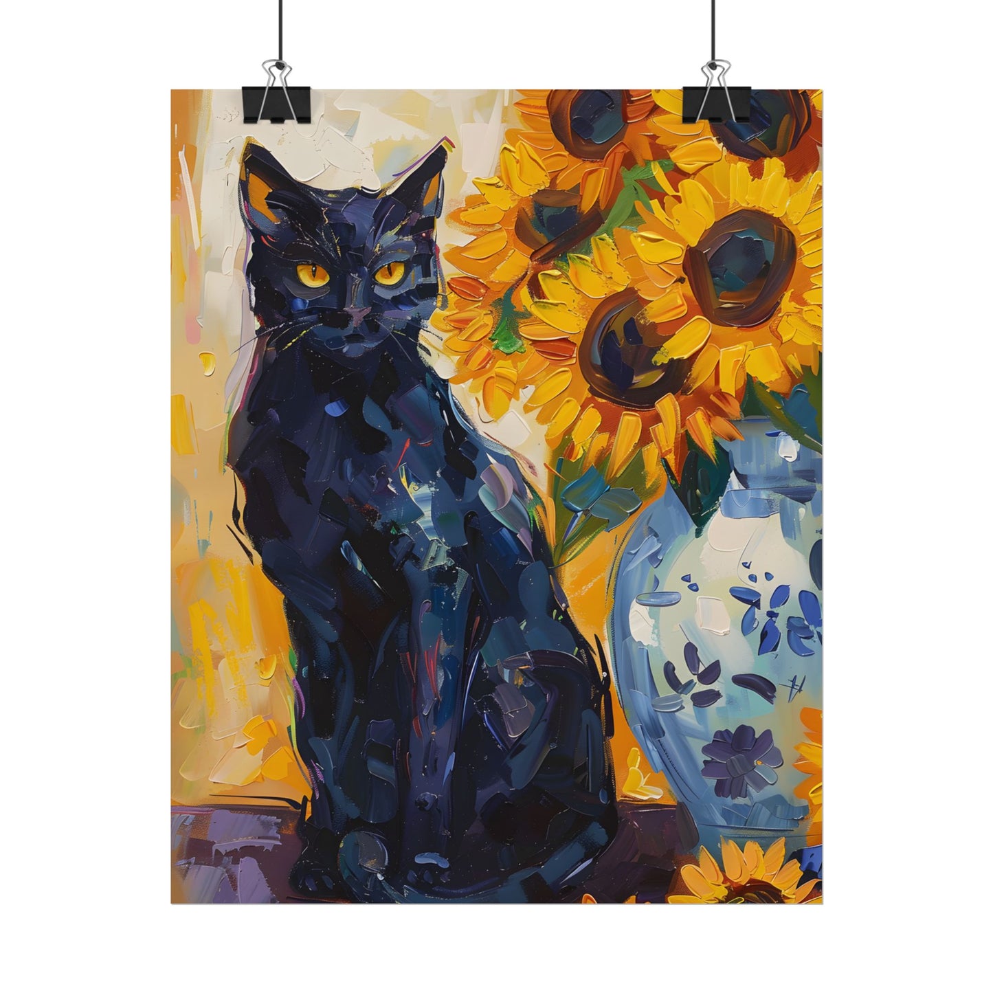 Whiskers by Sunshine: Black Cat in a Blooming Garden - Poster