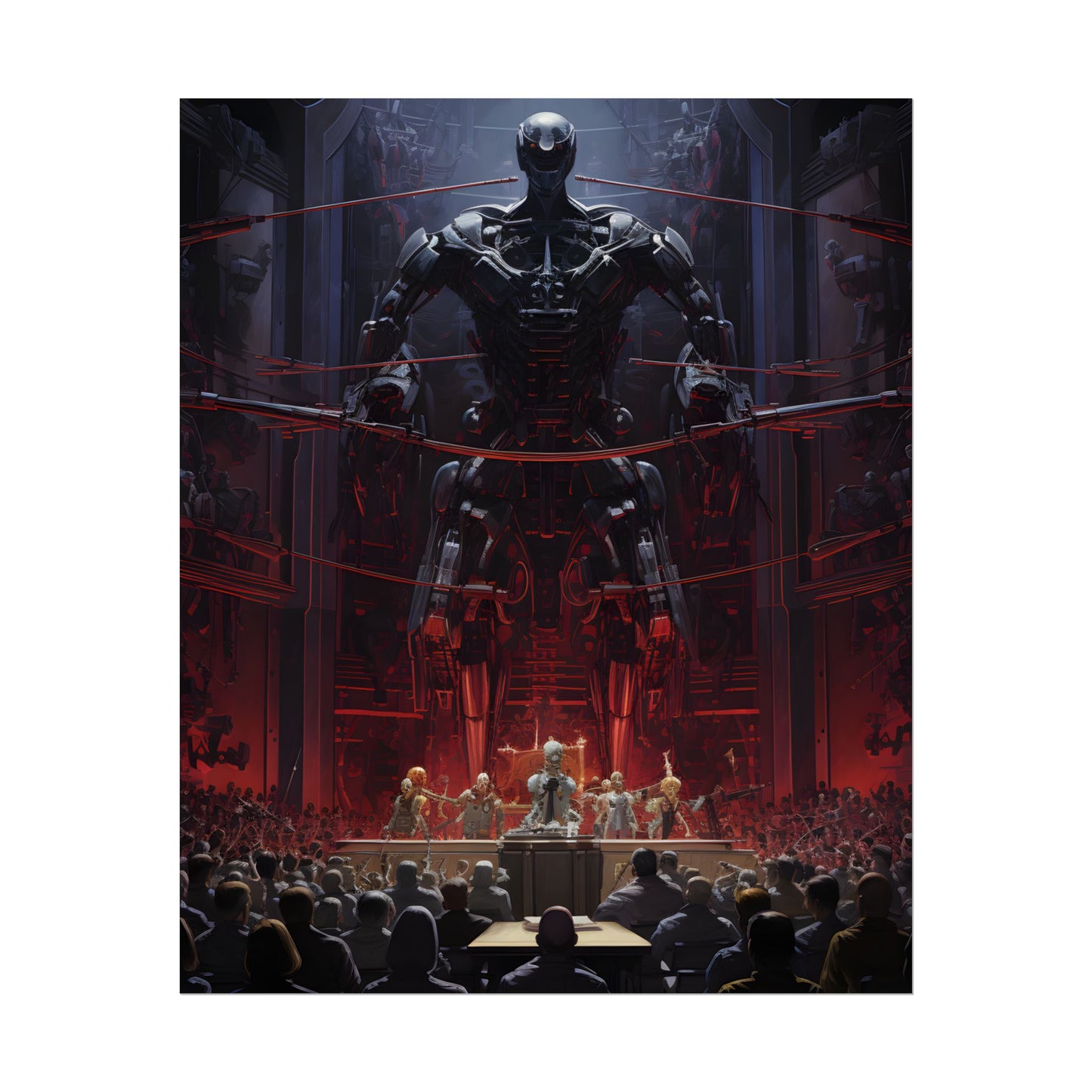 Robot Orchestra: Modern Concert Hall Scene Art - Poster