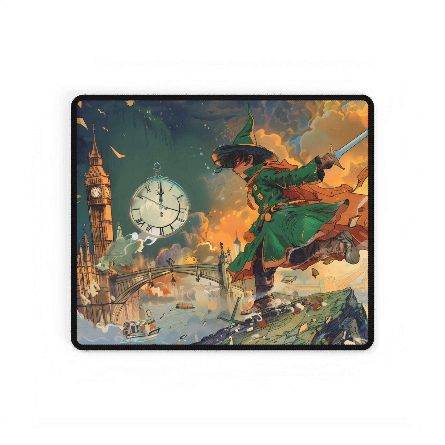 Whimsical Green Tunic Boy: Mischievous Illustration - Desk Mat