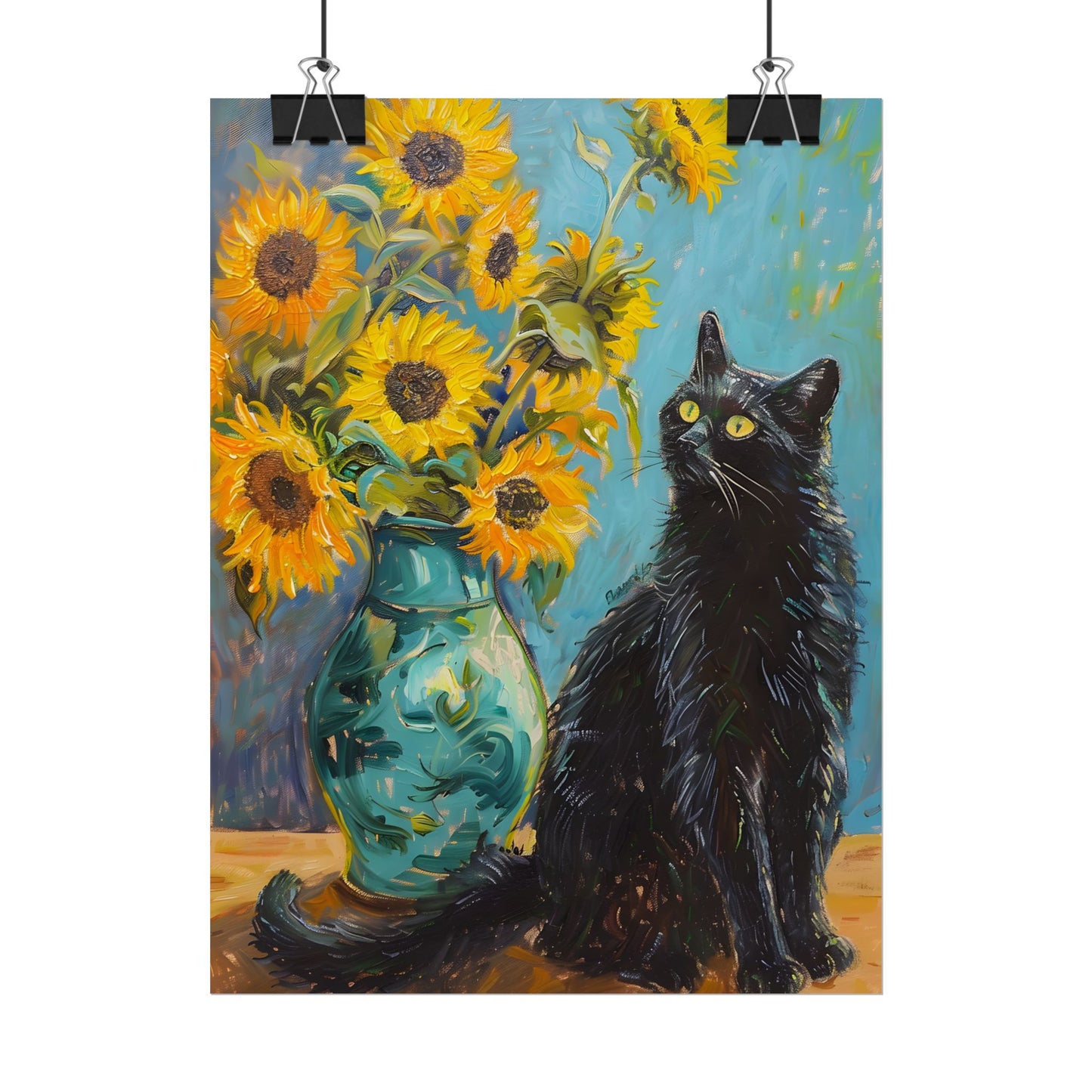 Whispers in the Garden: A Black Cat Among Sunflowers - Poster
