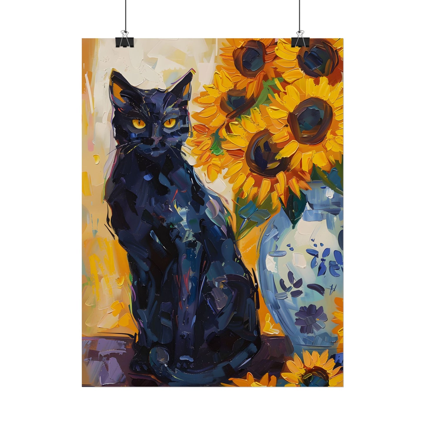 Whiskers by Sunshine: Black Cat in a Blooming Garden - Poster