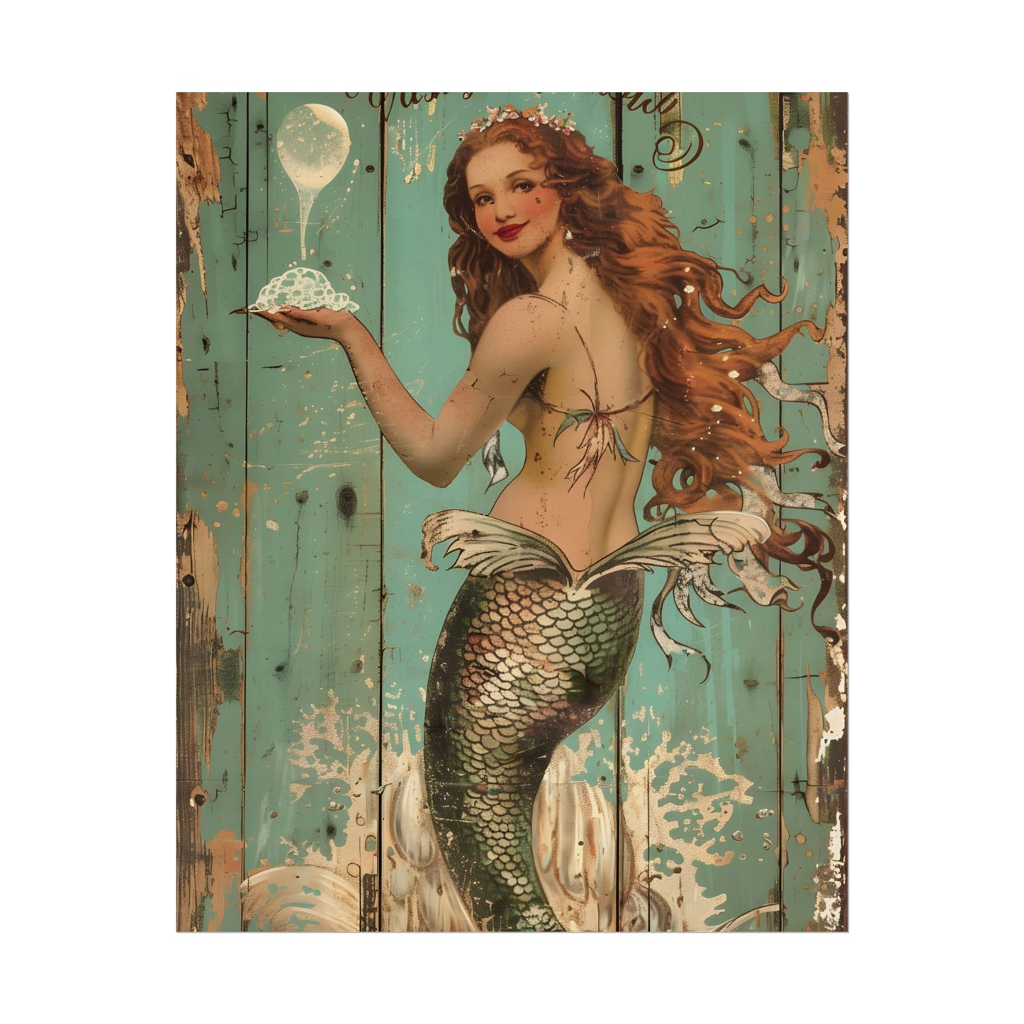 Whimsical Vintage Mermaid: A Soap Bubble Serenade - Poster