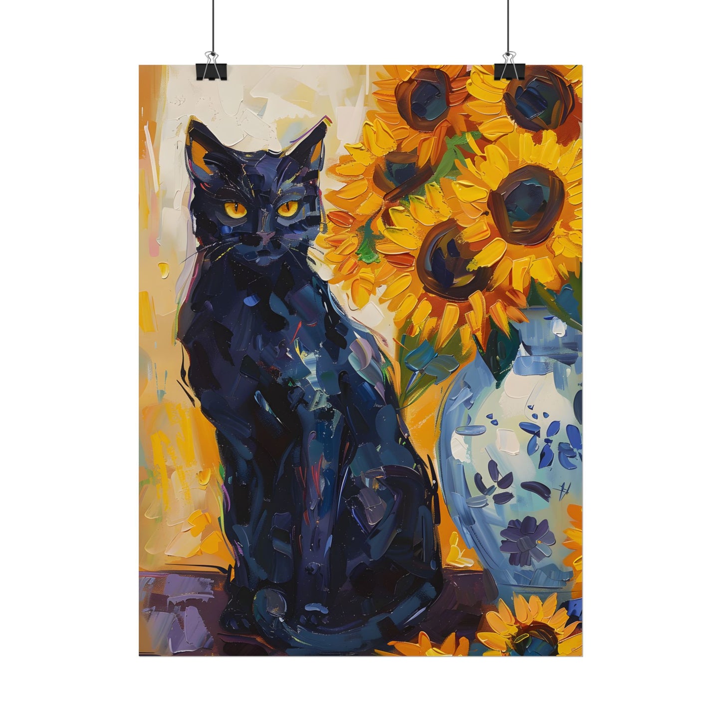 Whiskers by Sunshine: Black Cat in a Blooming Garden - Poster