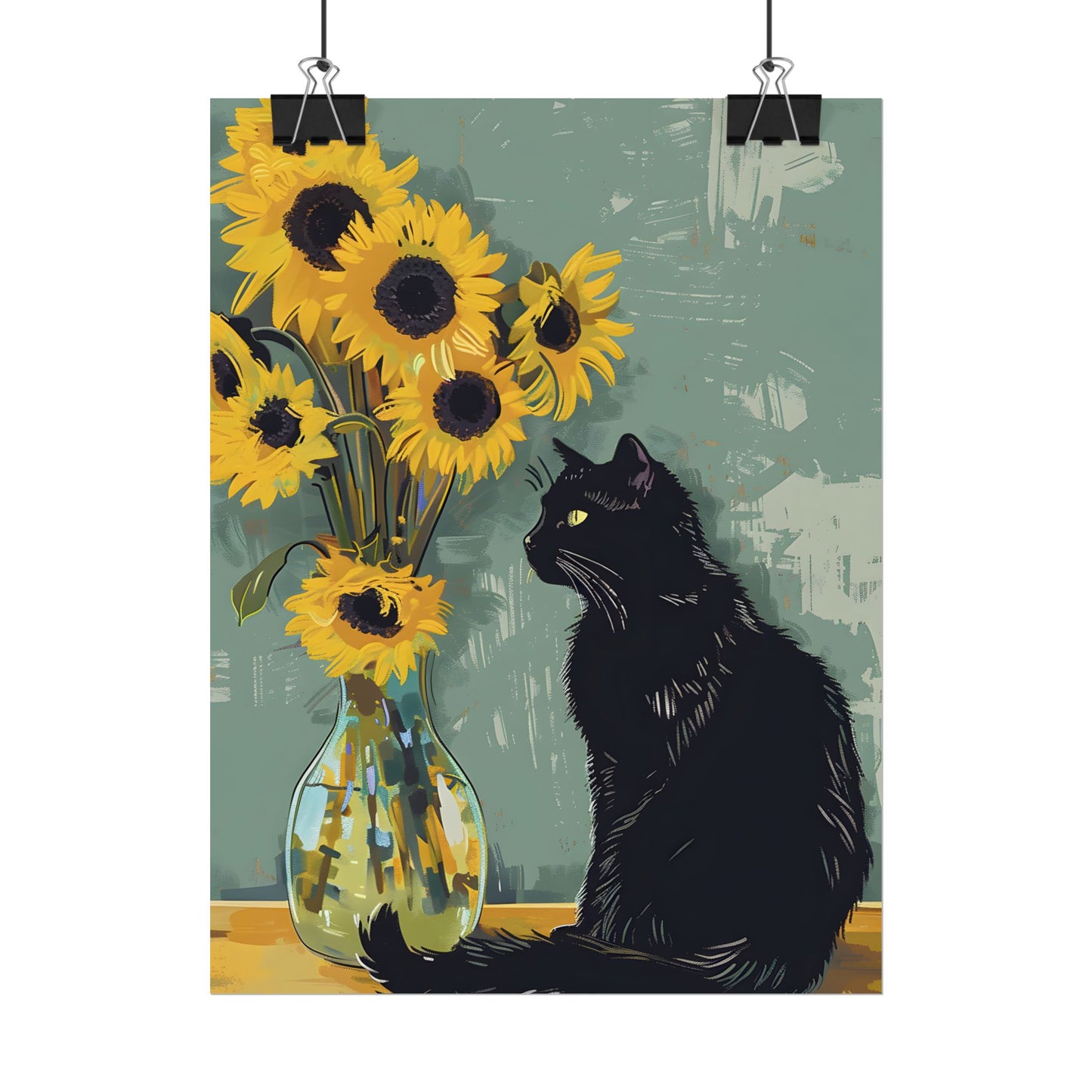 Whispers in the Sun: A Black Cat's Serene Moment with Sunflowers - Poster