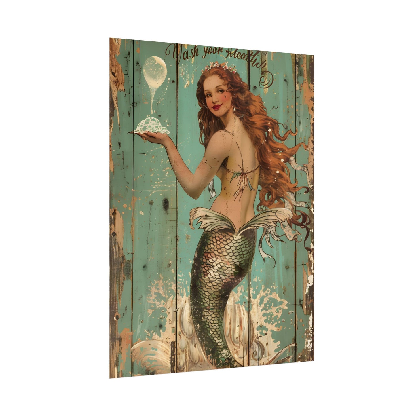 Whimsical Vintage Mermaid: A Soap Bubble Serenade - Poster