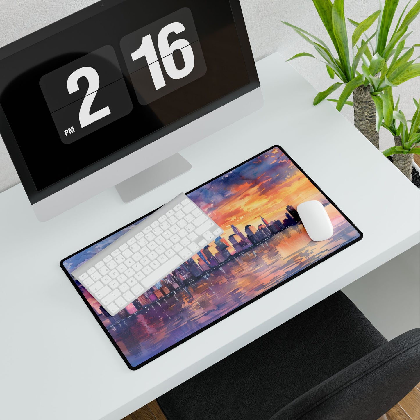 Serene NYC Sunset: Watercolor Skyline Reflections - Desk Mat