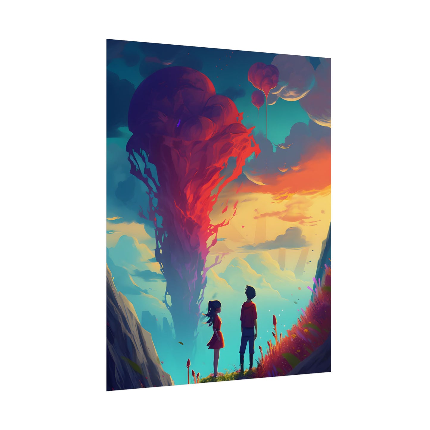 Peaceful Meadow Moment: A Girl and a Boy in Nature - Poster