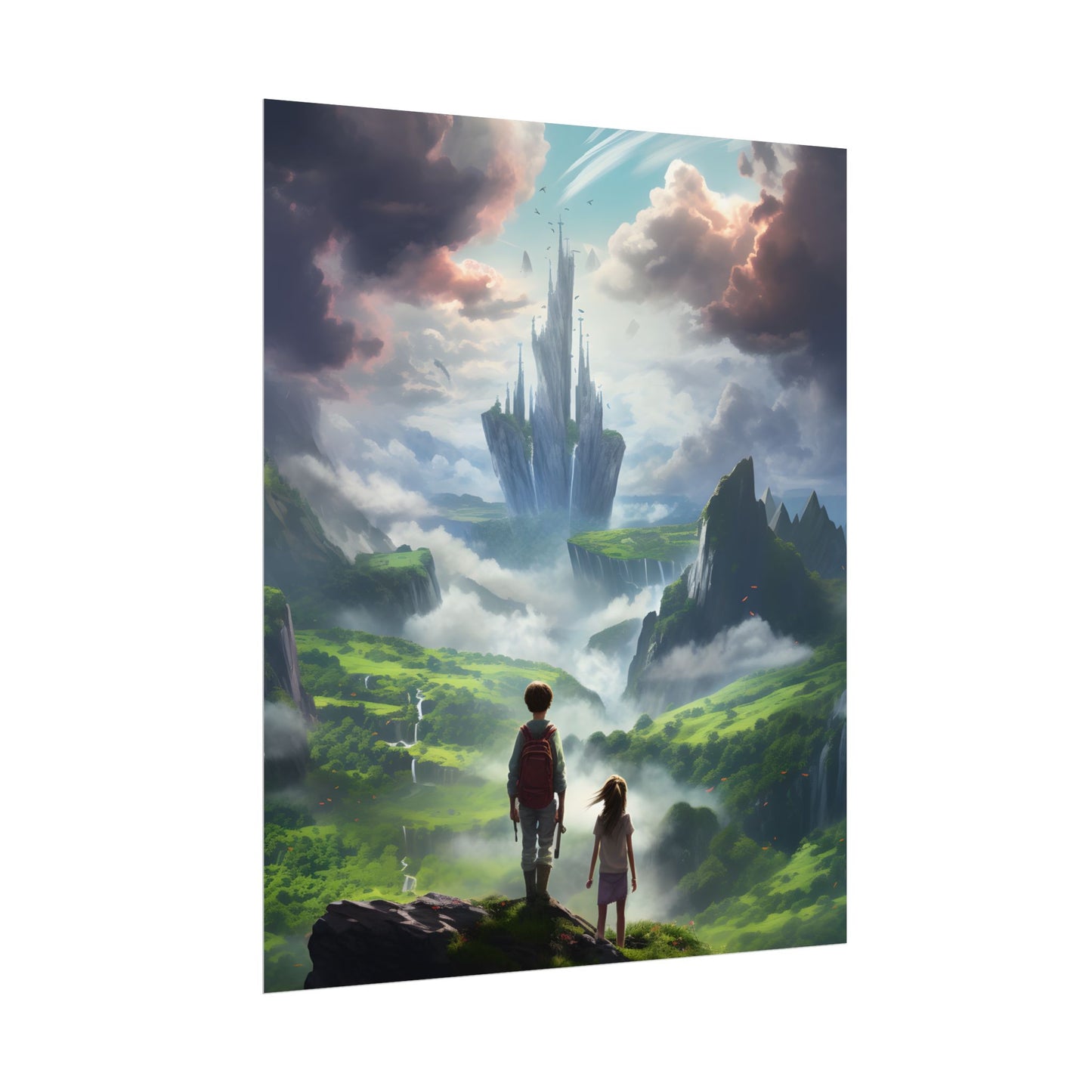 Girl and Boy in a Cloudy Meadow: Serene Outdoor Scene - Poster