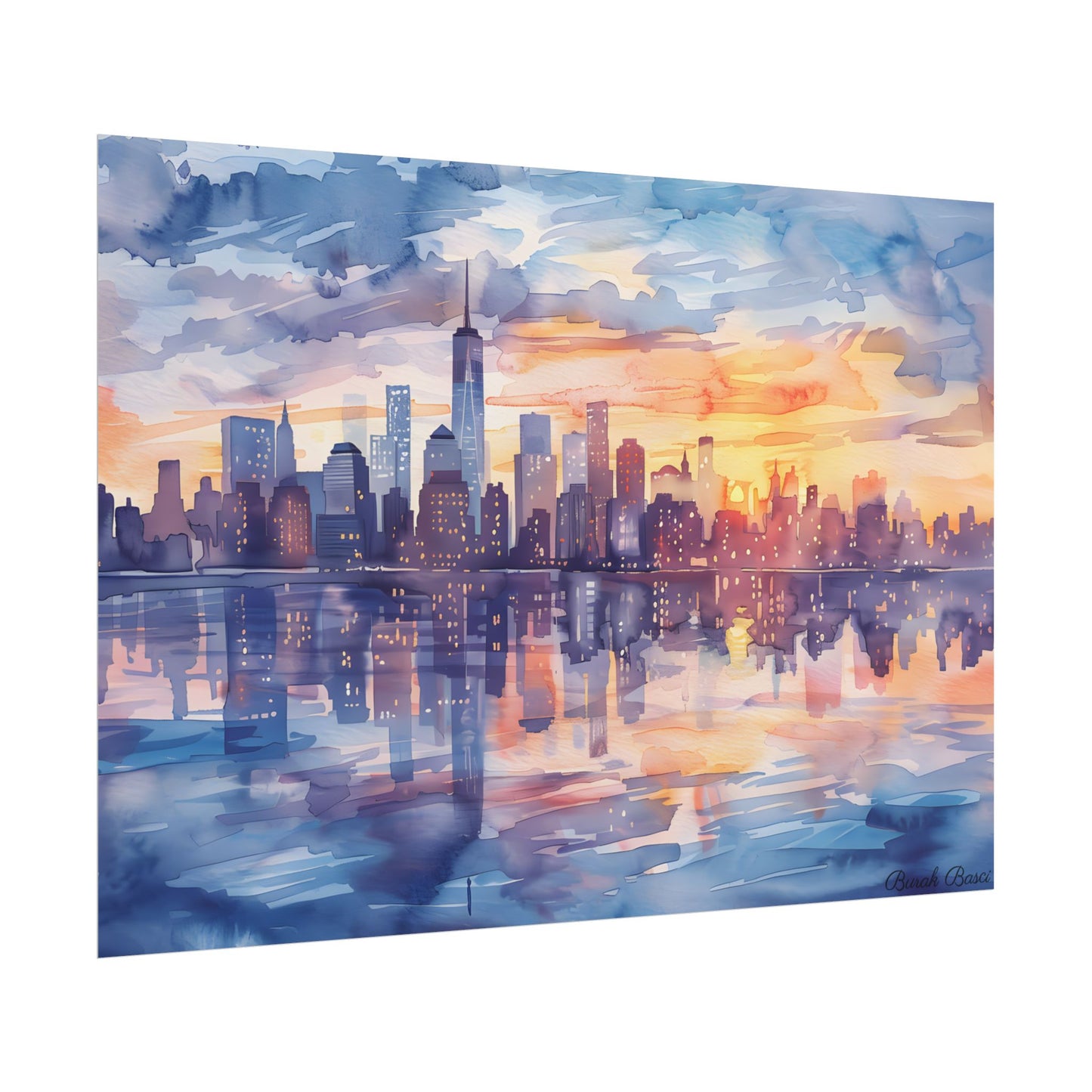 Watercolor New York City Sunset Skyline: Artistic NYC View - Poster