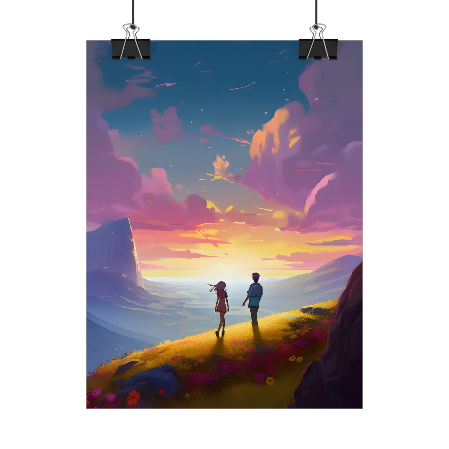 Young Love in a Cloudy Meadow: A Heartwarming Artwork - Poster