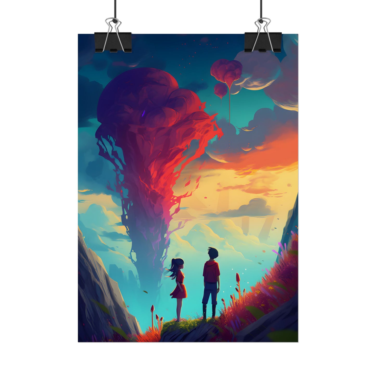Peaceful Meadow Moment: A Girl and a Boy in Nature - Poster
