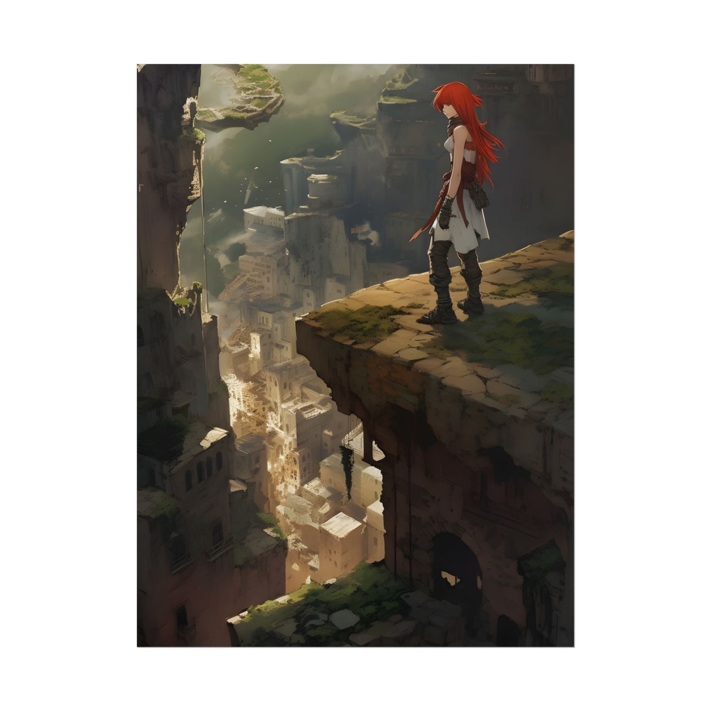Anime Birds Eye View: Red Haired Female in Action Fantasy Scene - Poster