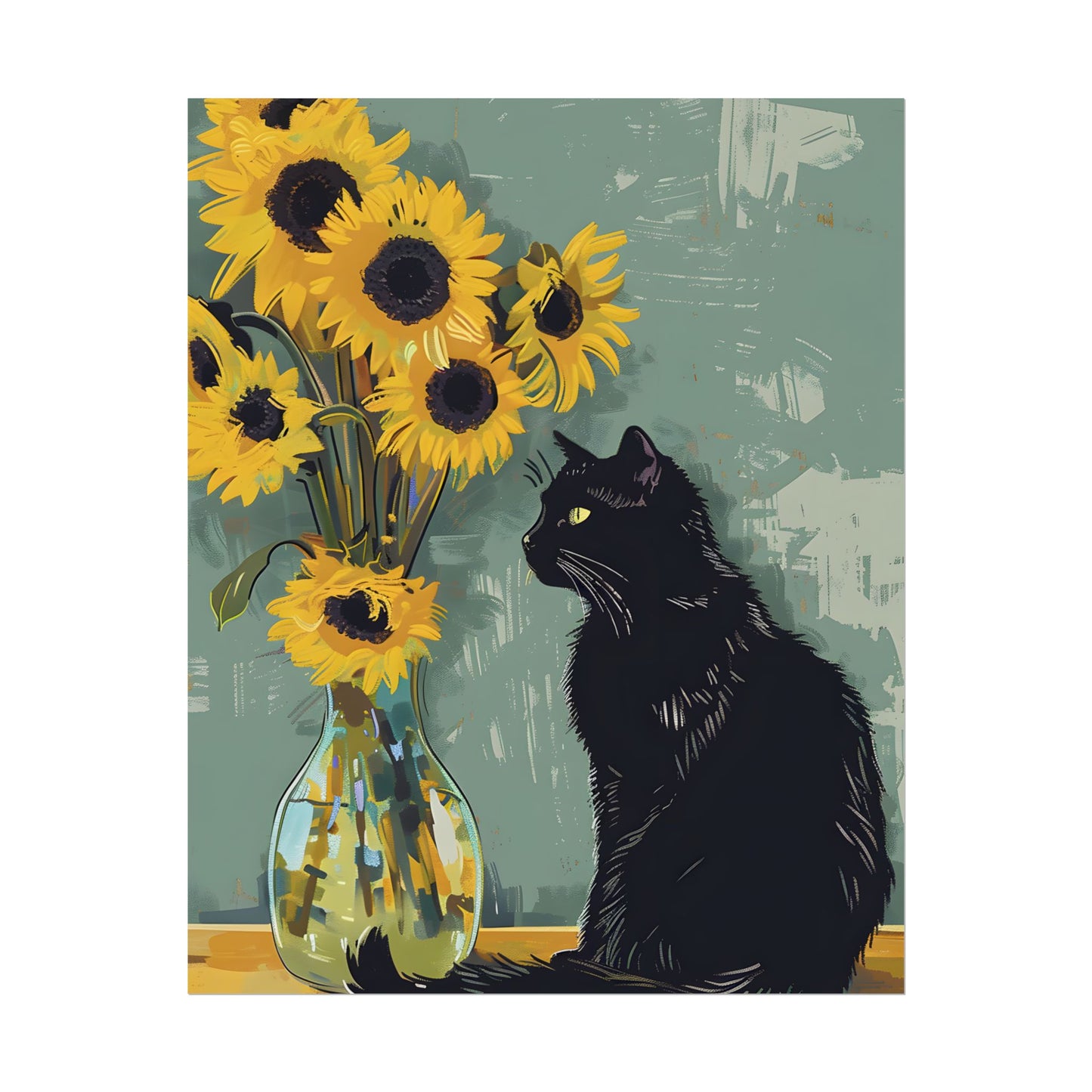 Whispers in the Sun: A Black Cat's Serene Moment with Sunflowers - Poster
