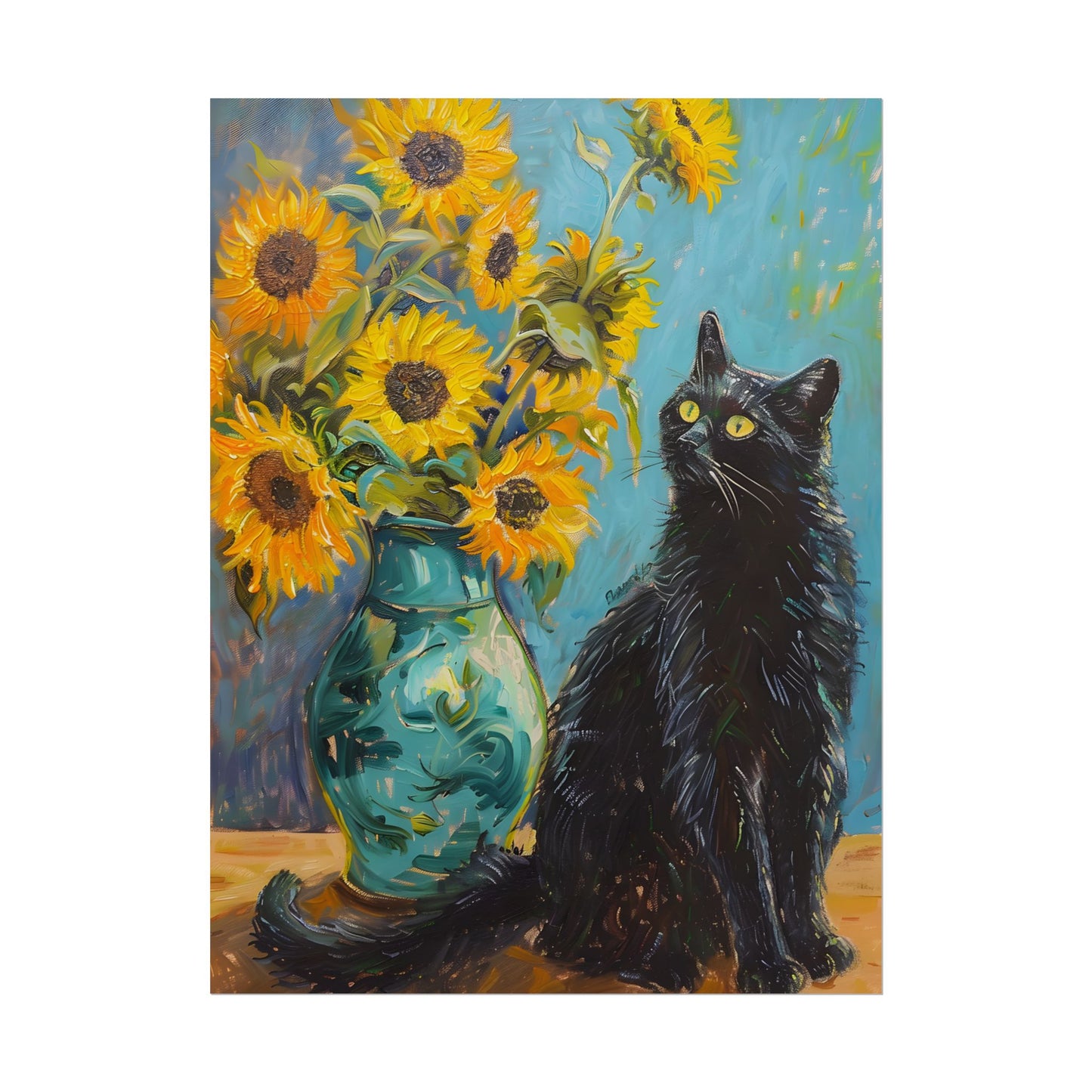 Whispers in the Garden: A Black Cat Among Sunflowers - Poster