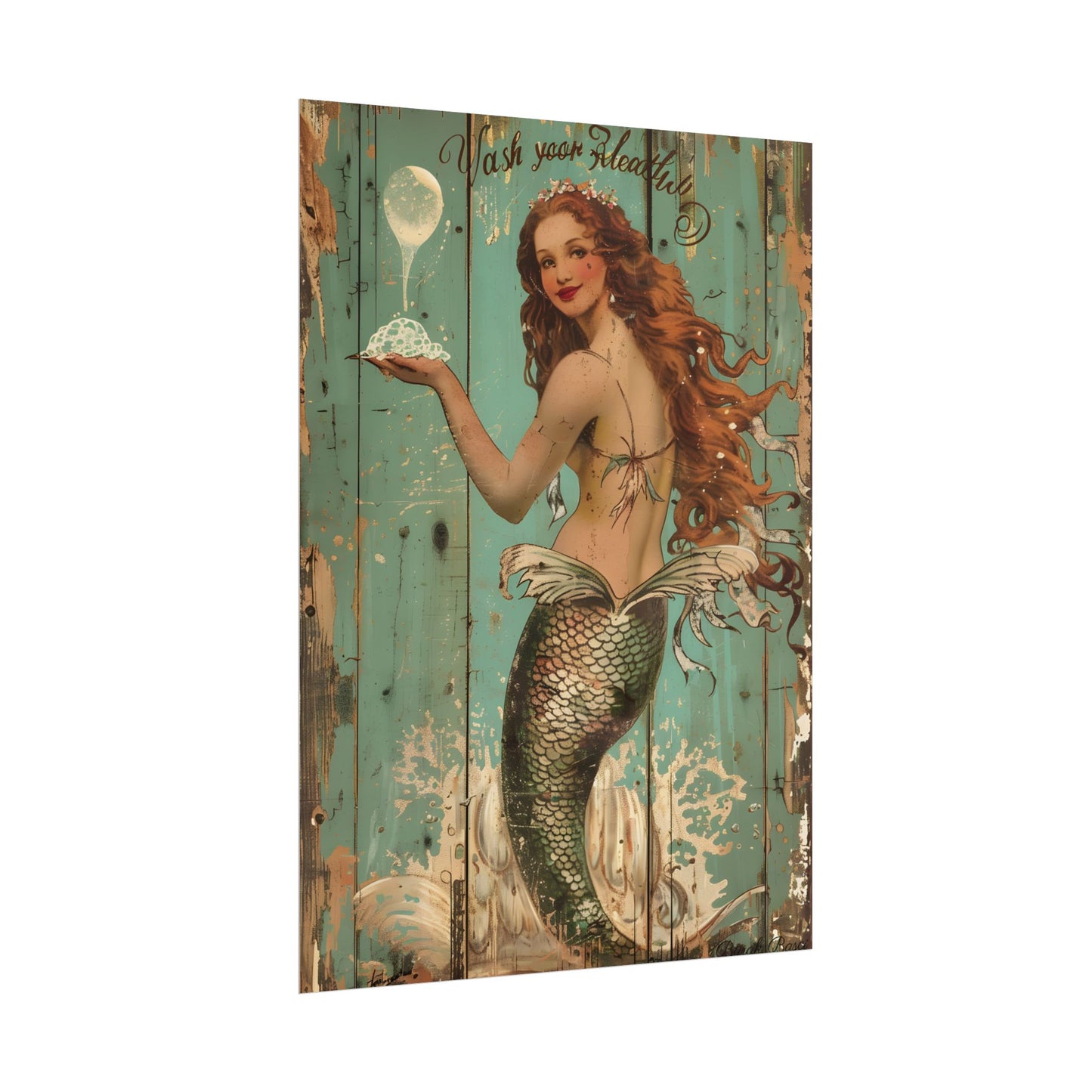 Whimsical Vintage Mermaid: A Soap Bubble Serenade - Poster