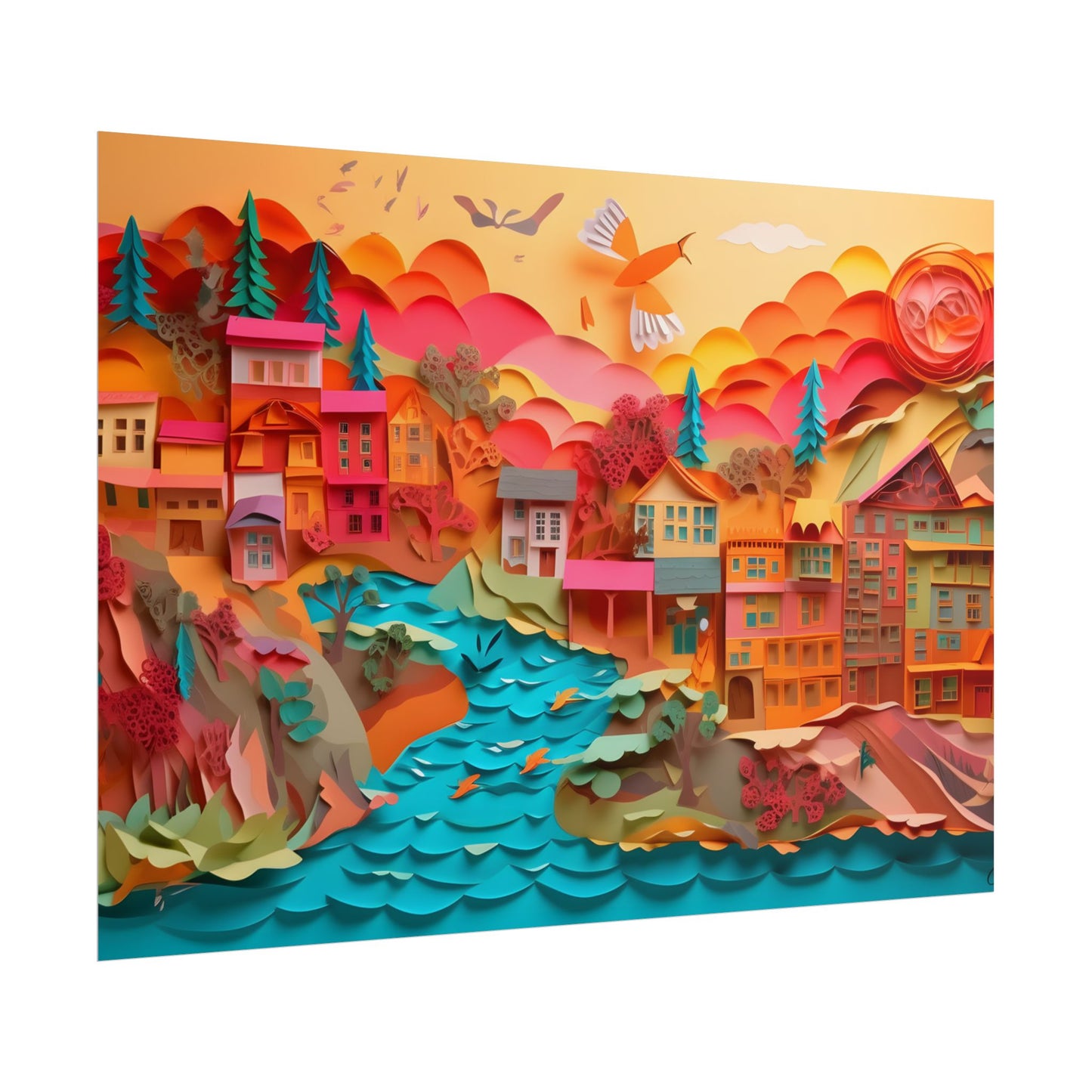 Magical Beach Quill: Vibrant Paper Art of Tropical Paradise - Poster
