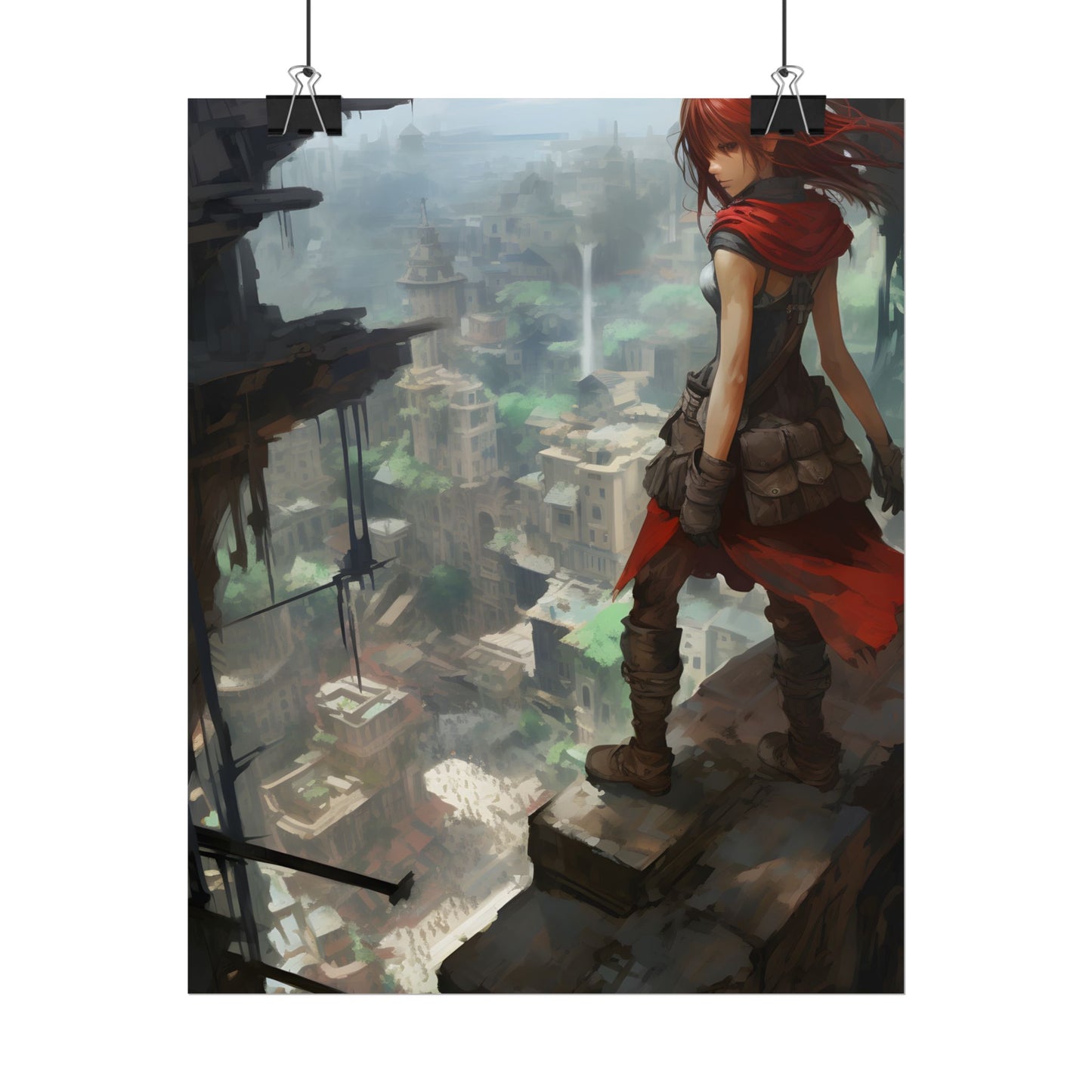Dramatic Anime Bird's Eye View: Red Haired Heroine in Flight - Poster