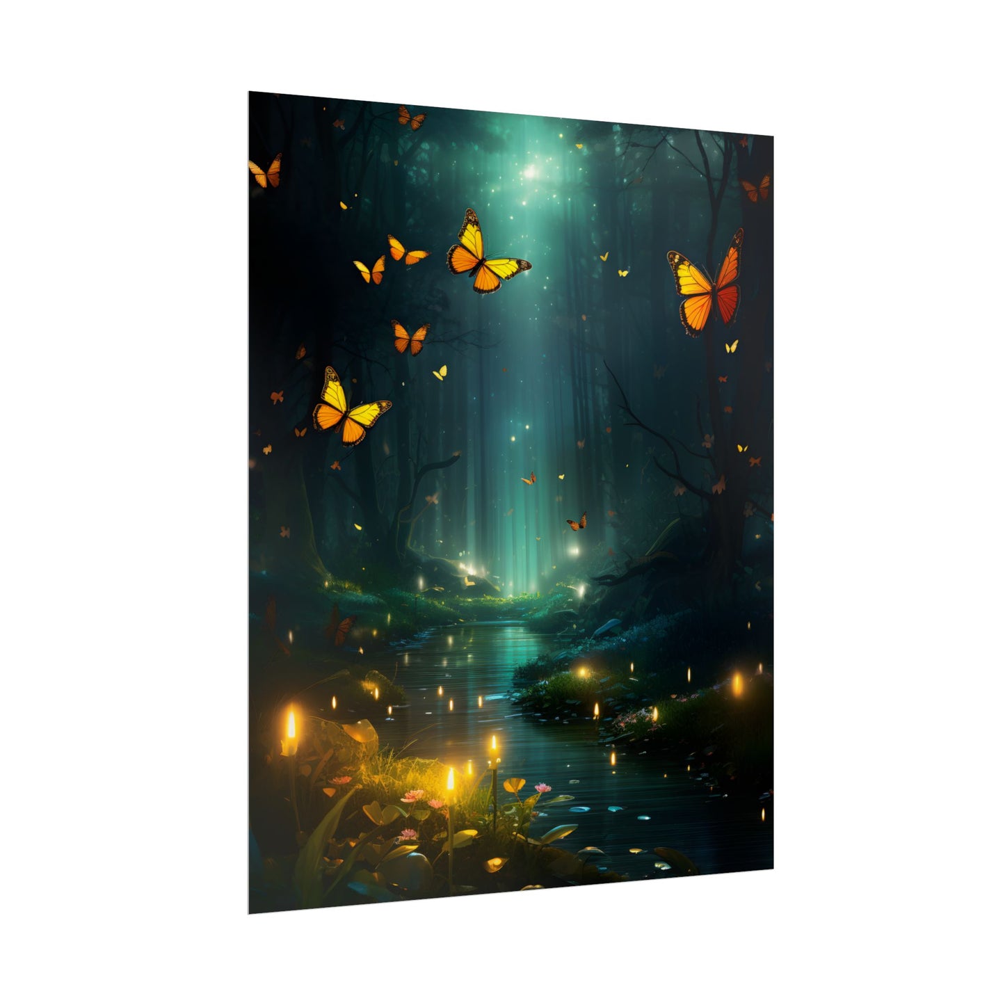 Fantasy Night Bokeh Artwork: Glowing Fog Forest Painting - Poster